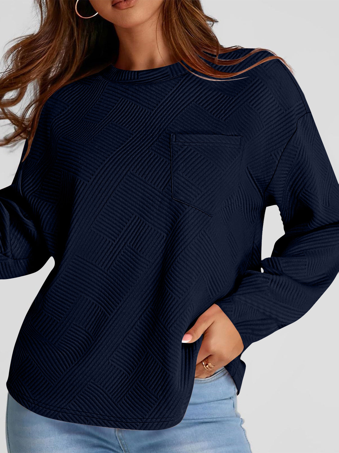 Full Size Texture Round Neck Long Sleeve Sweatshirt-TOPS / DRESSES-[Adult]-[Female]-2022 Online Blue Zone Planet