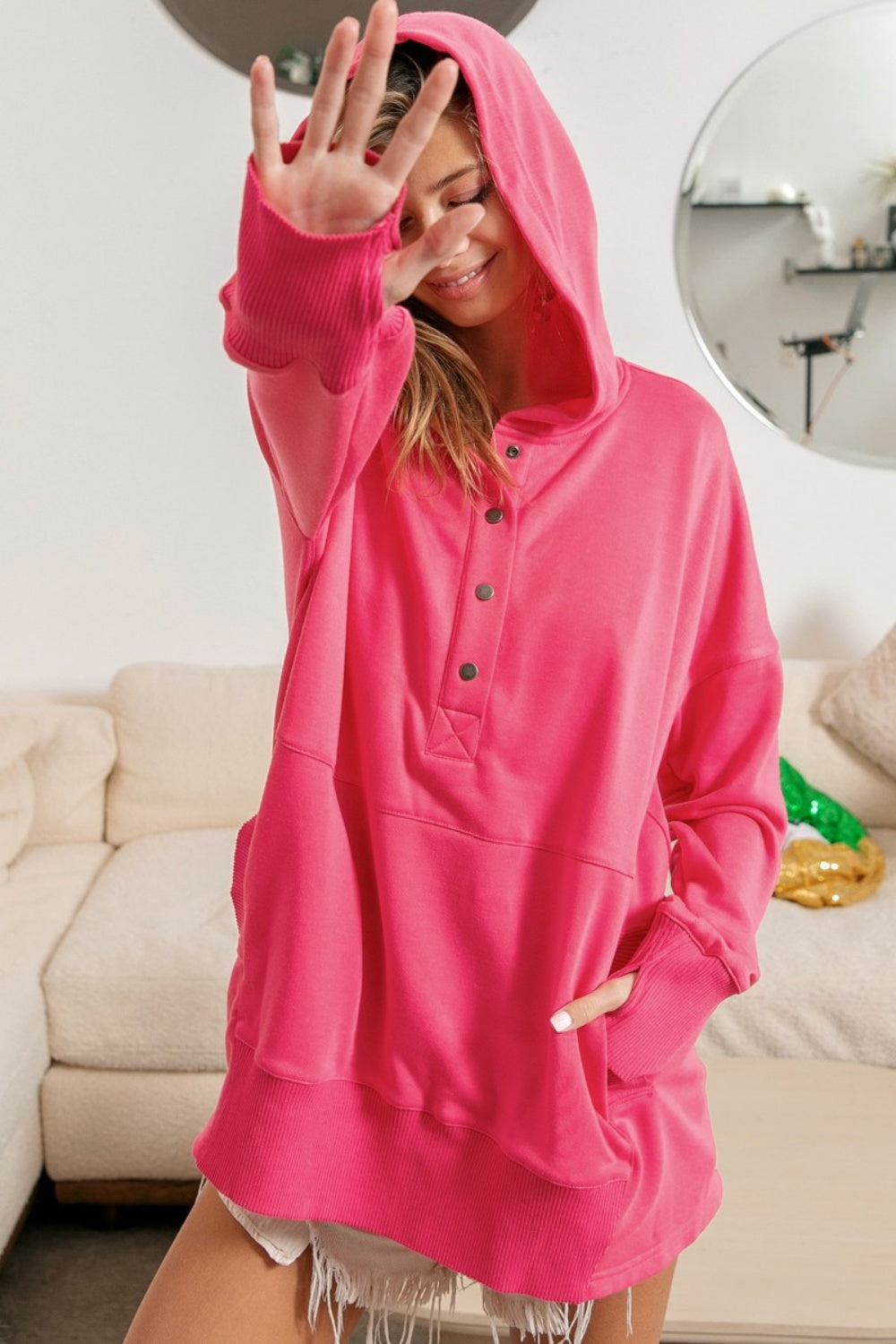 BiBi Half Snap Thumbhole Long Sleeve Hoodie-HOODIES-[Adult]-[Female]-FUCHSIA-S-2022 Online Blue Zone Planet