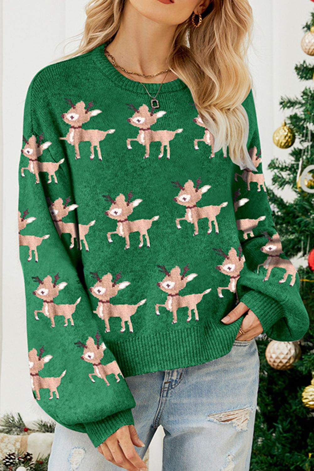 Reindeer Round Neck Drop Shoulder Sweater-TOPS / DRESSES-[Adult]-[Female]-Green-S-2022 Online Blue Zone Planet