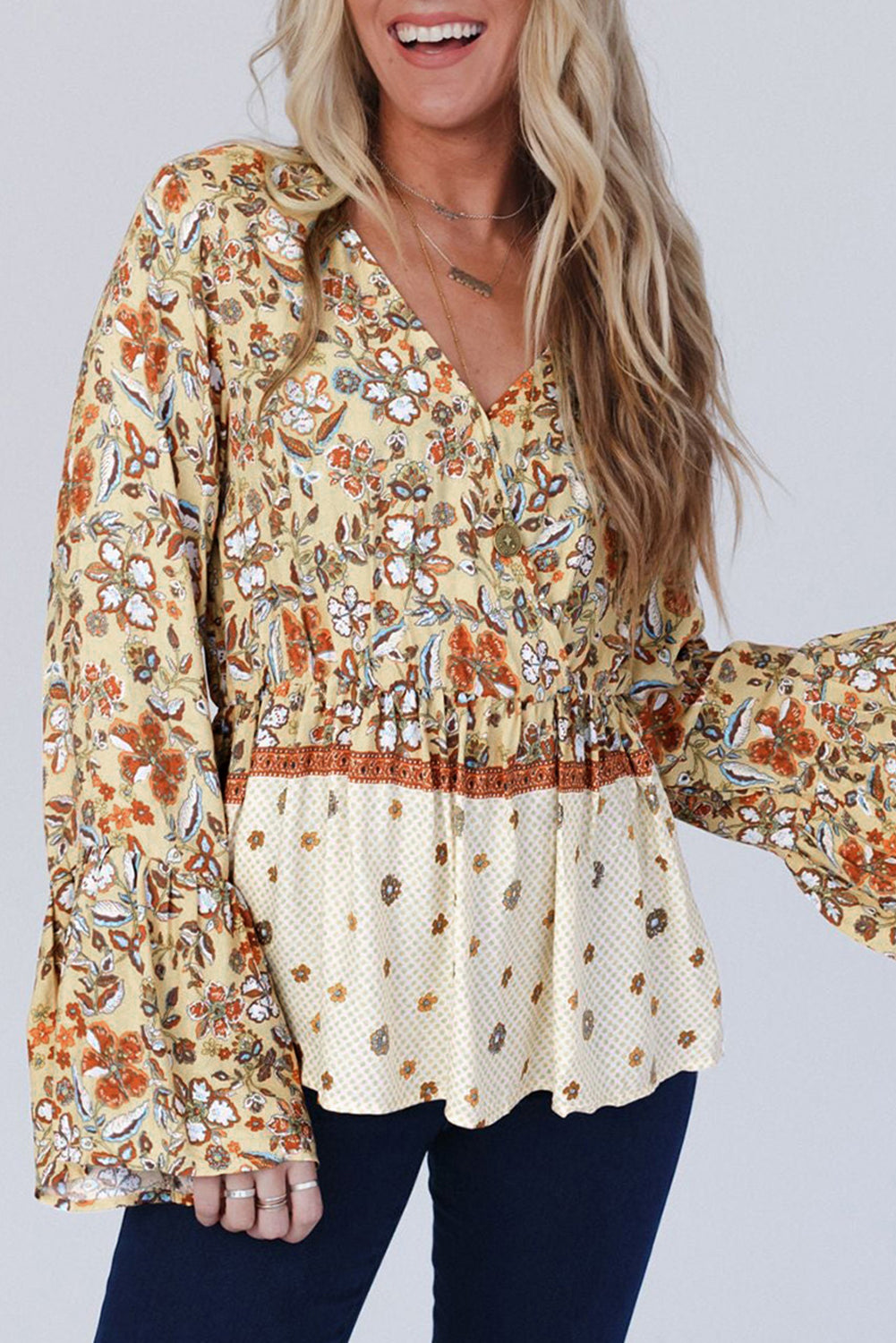 Blue Zone Planet | Yellow Printed Floral Bell Sleeve V Neck Wrapped Contrast Peplum Blouse-Tops/Blouses & Shirts-[Adult]-[Female]-2022 Online Blue Zone Planet