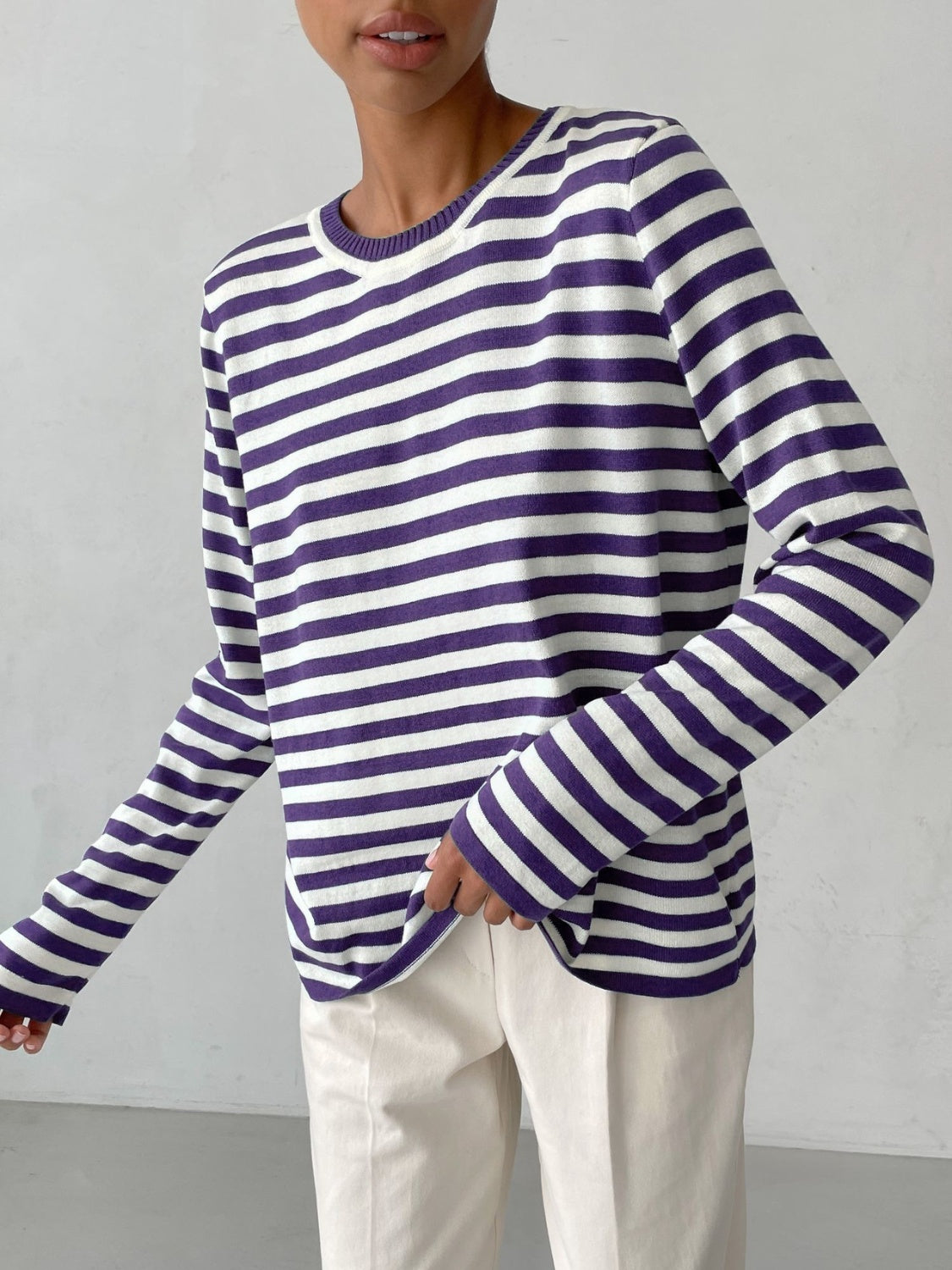 Striped Round Neck Long Sleeve Sweater-TOPS / DRESSES-[Adult]-[Female]-Purple-L-2022 Online Blue Zone Planet