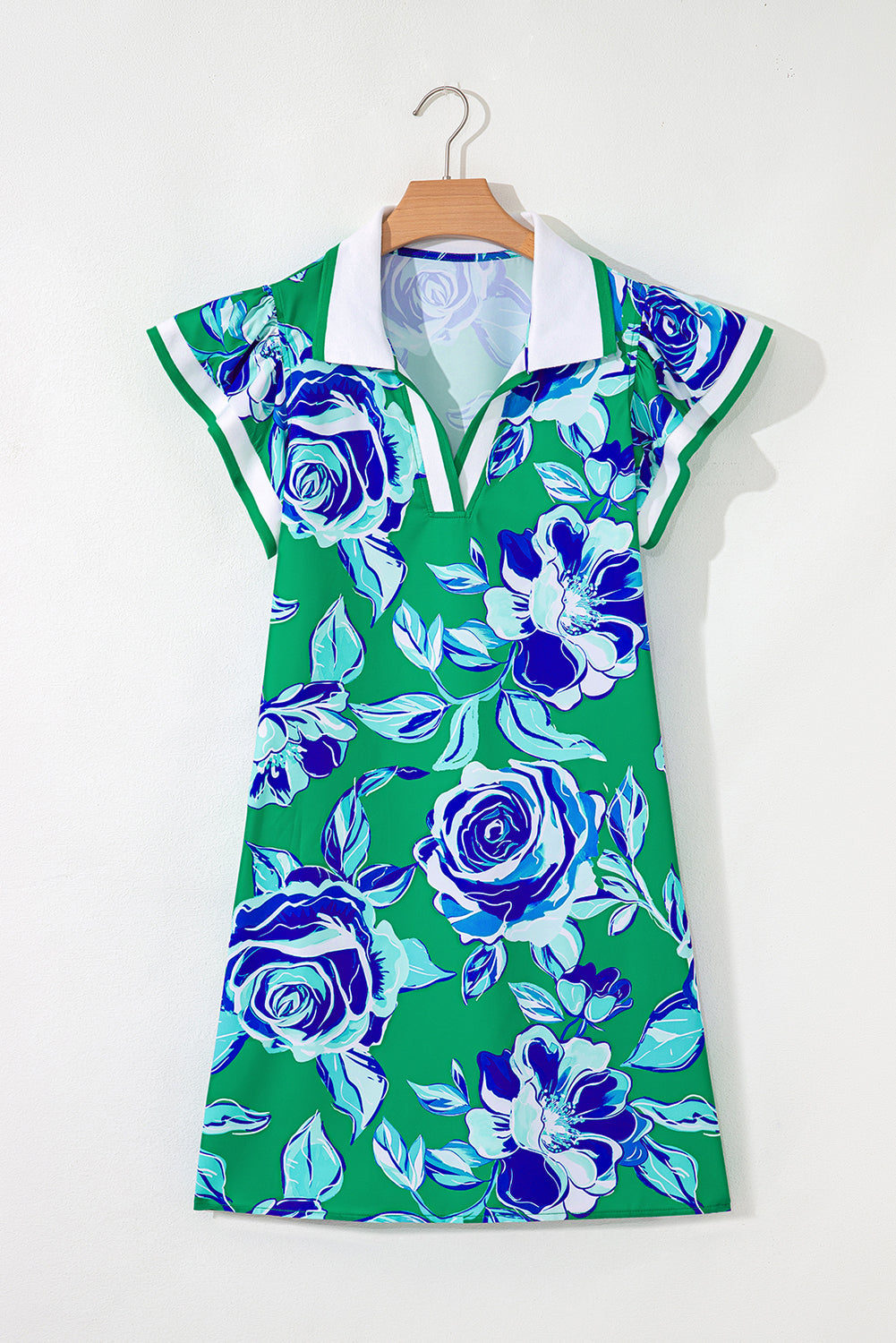 Bright Green Contrast Floral Print Collared V Neckline Ruffled Cap Sleeve Shift Dress With Pockets-TOPS / DRESSES-[Adult]-[Female]-2022 Online Blue Zone Planet