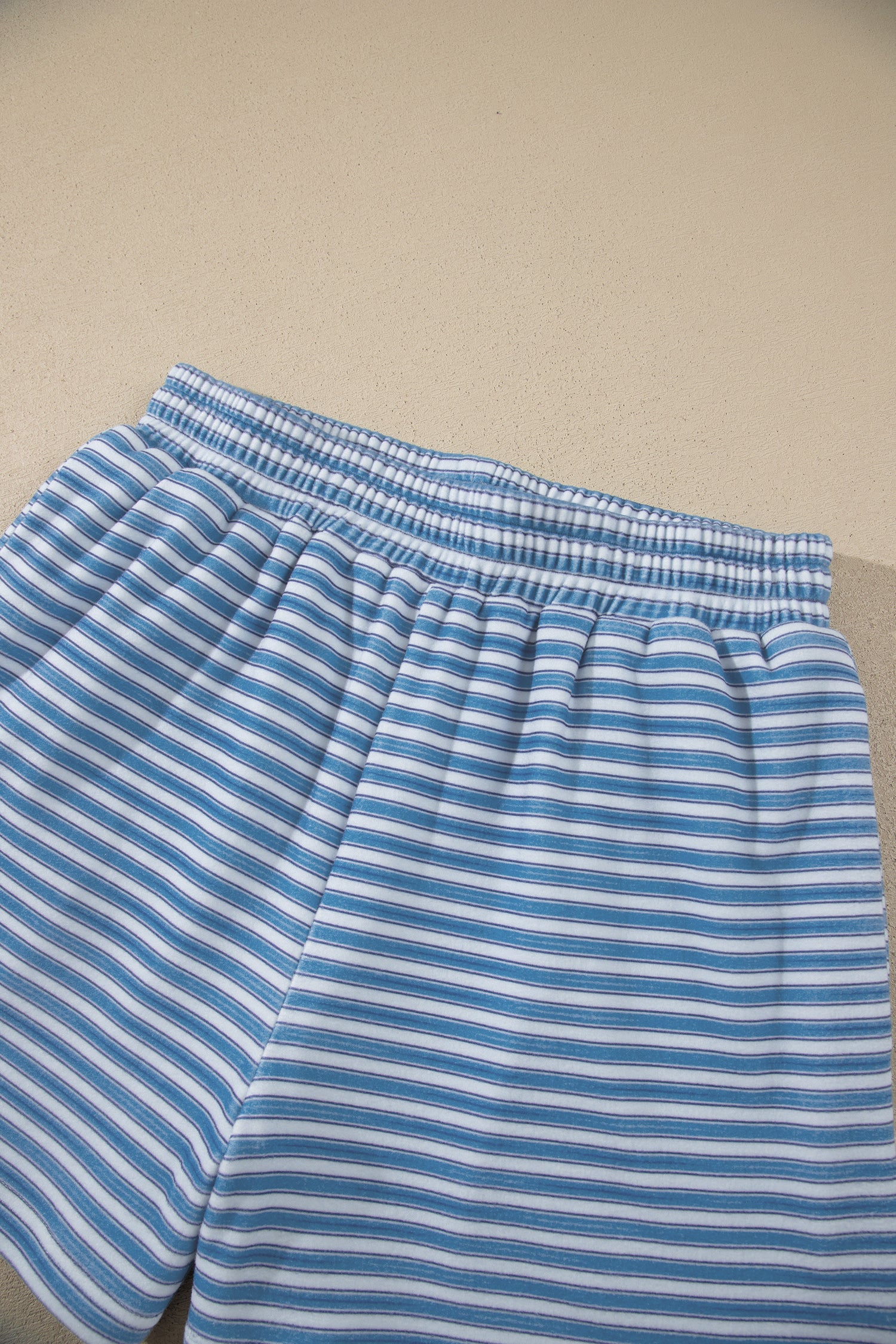Sky Blue Stripe Long Sleeve Oversized Top Pocketed Casual Shorts Two Piece Set-Two Piece Sets/Short Sets-[Adult]-[Female]-2022 Online Blue Zone Planet