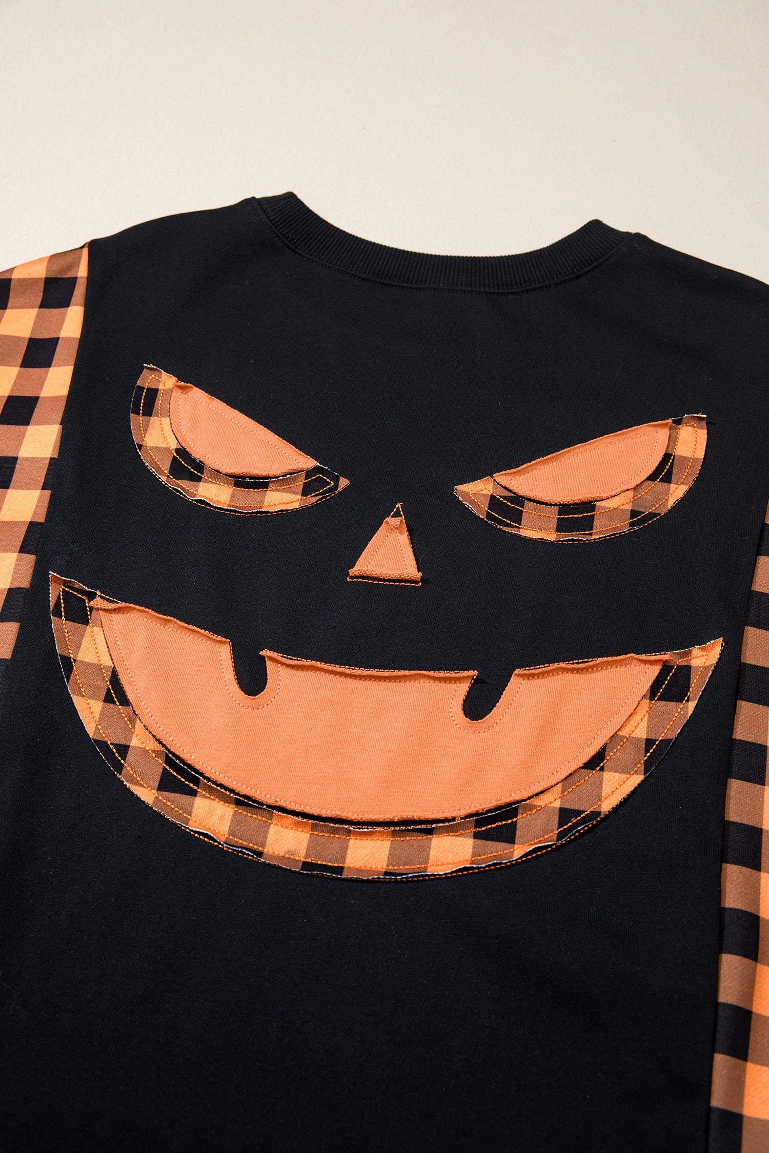 Black Patchwork Plaid Pumpkin Face Long Sleeve Top-Tops/Long Sleeve Tops-[Adult]-[Female]-2022 Online Blue Zone Planet