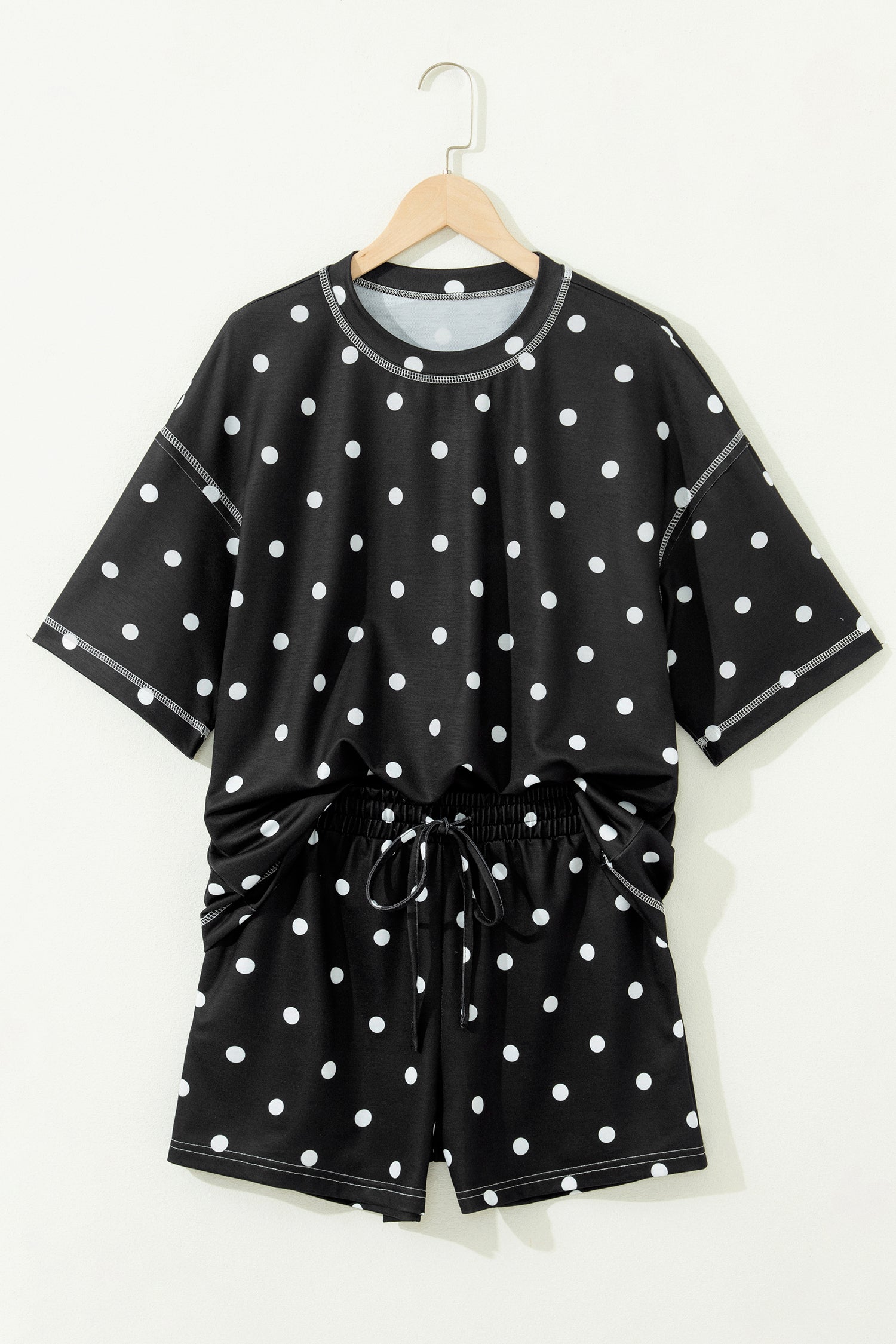 White Exposed Seam Detail Polka Dot Loose Tee Drawstring Shorts Set-Two Piece Sets/Short Sets-[Adult]-[Female]-2022 Online Blue Zone Planet