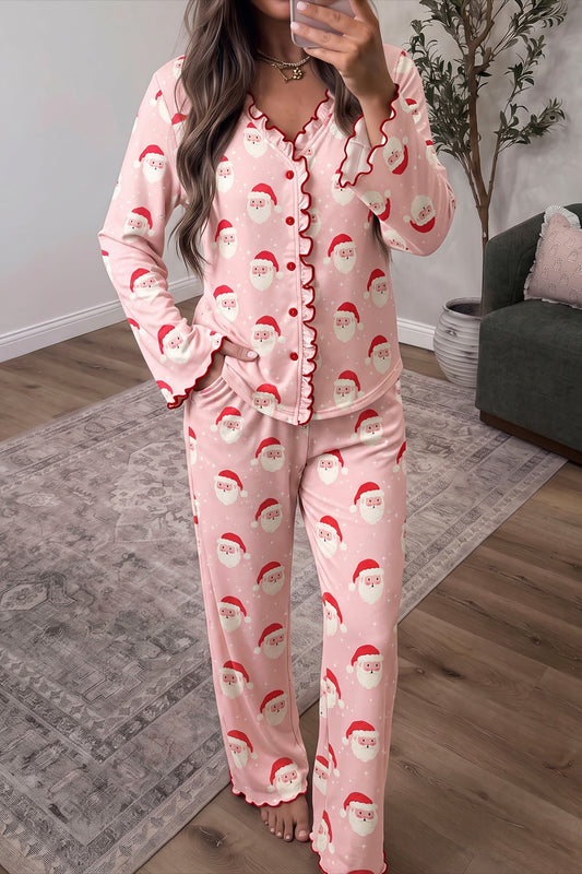 Pink Christmas Santa Print Frilled Button Front Long Sleeve Top Lounge Pant Set-Loungewear & Sleepwear/Loungewear-[Adult]-[Female]-Pink-S-2022 Online Blue Zone Planet
