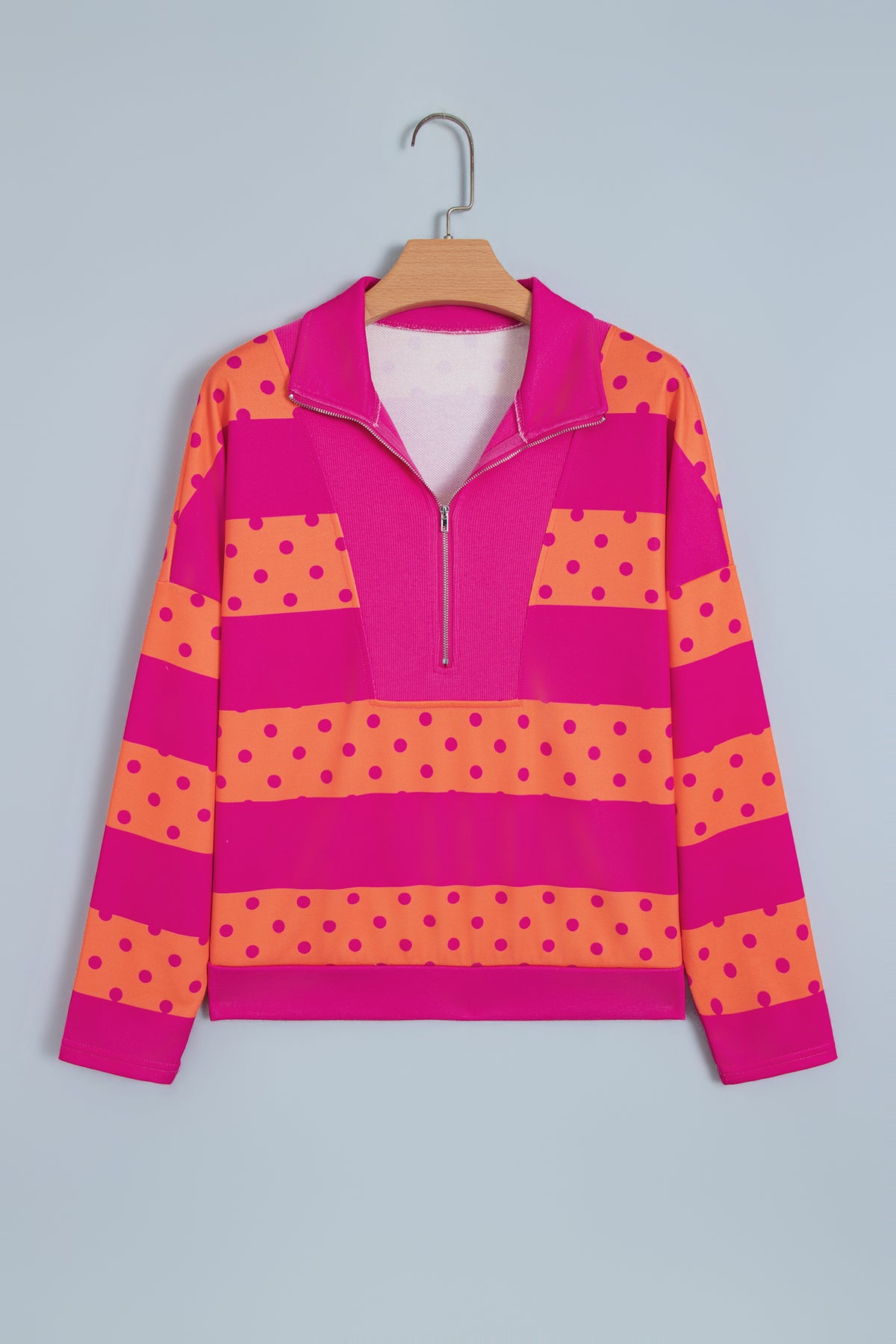 Brown Stripe Patchwork Polka Dot Accent Quarter Zip Long Sleeve Top-Tops/Long Sleeve Tops-[Adult]-[Female]-2022 Online Blue Zone Planet