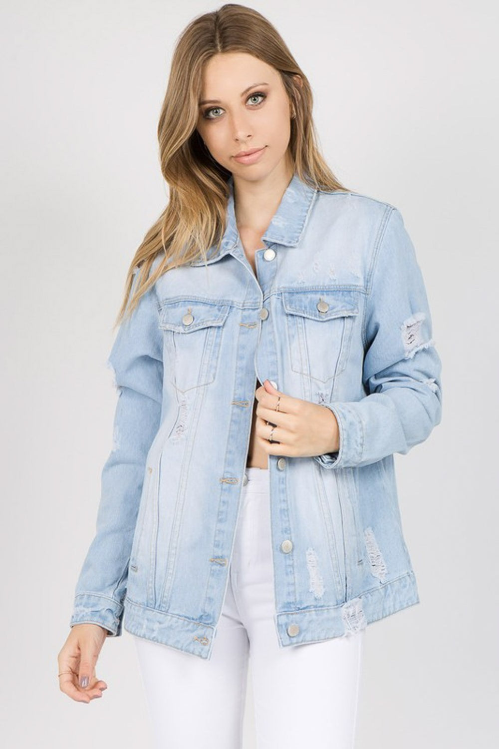 Blue Zone Planet |  American Bazi Letter Patched Distressed Denim Jacket BLUE ZONE PLANET
