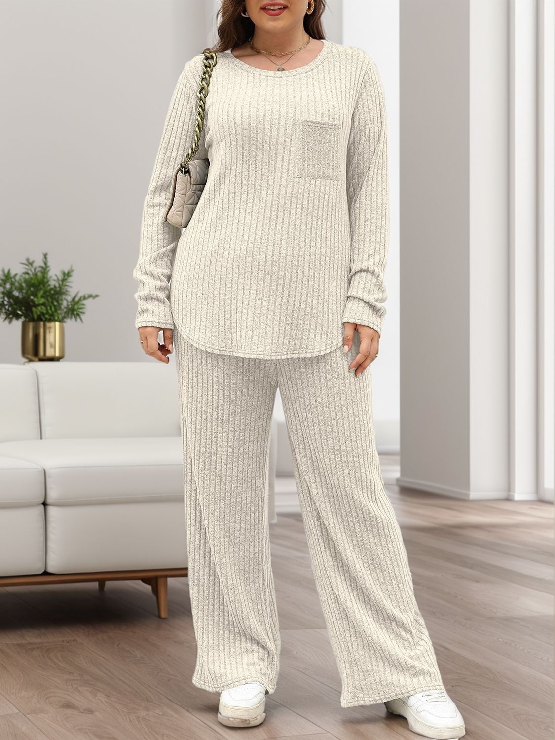 Round Neck Long Sleeve Top and Pants Set-TOPS / DRESSES-[Adult]-[Female]-Ivory-S-2022 Online Blue Zone Planet