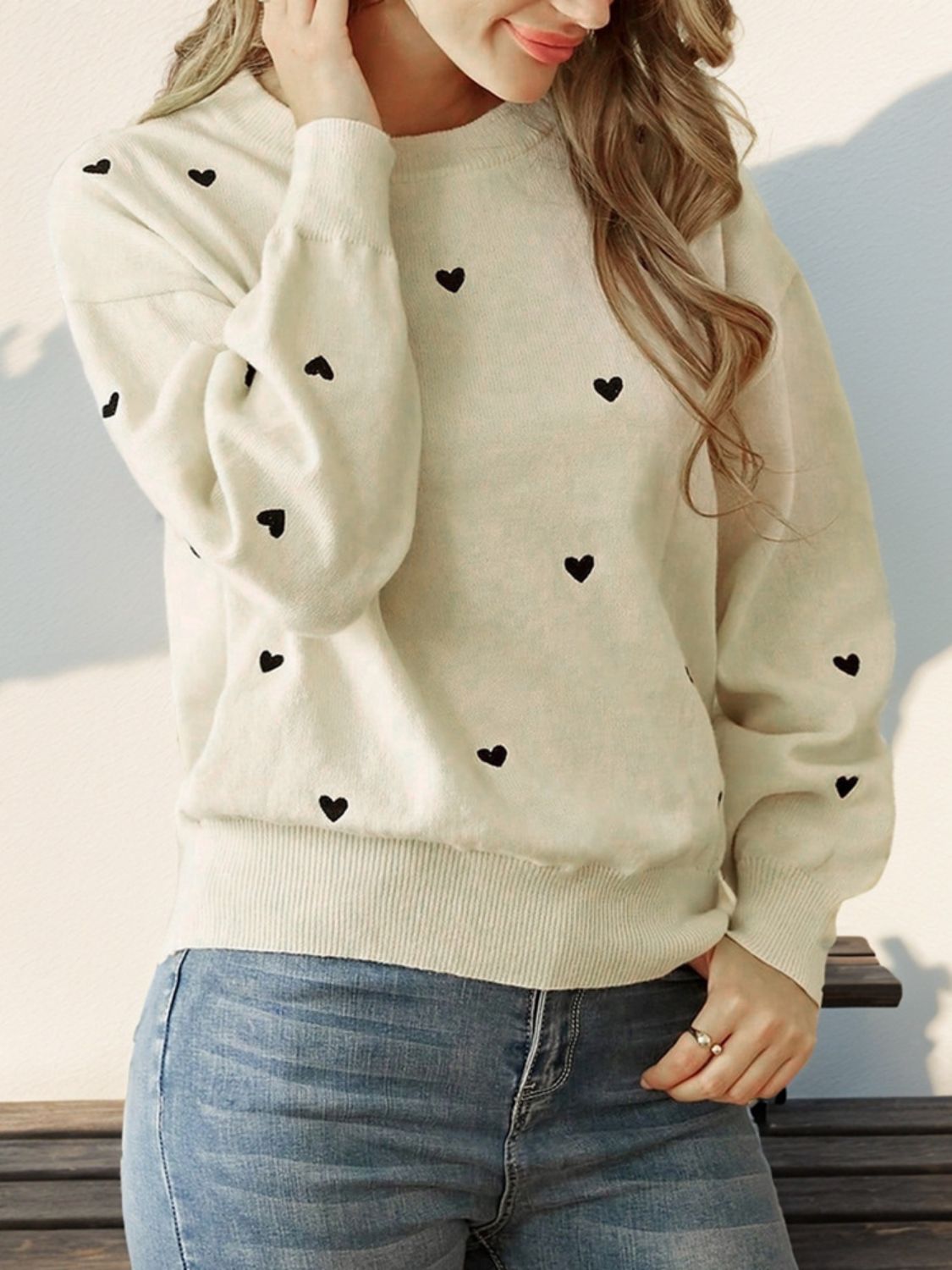 Perfee Heart Round Neck Long Sleeve Knit Top-TOPS / DRESSES-[Adult]-[Female]-Cream-S-2022 Online Blue Zone Planet