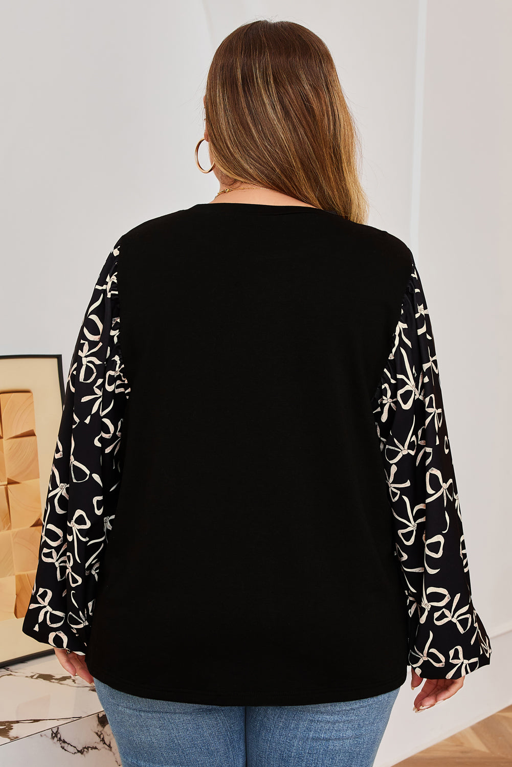 Black Bow Knot Patchwork Crewneck Plus Size Blouse-Plus Size/Plus Size Tops/Plus Size Blouses & Shirts-[Adult]-[Female]-2022 Online Blue Zone Planet