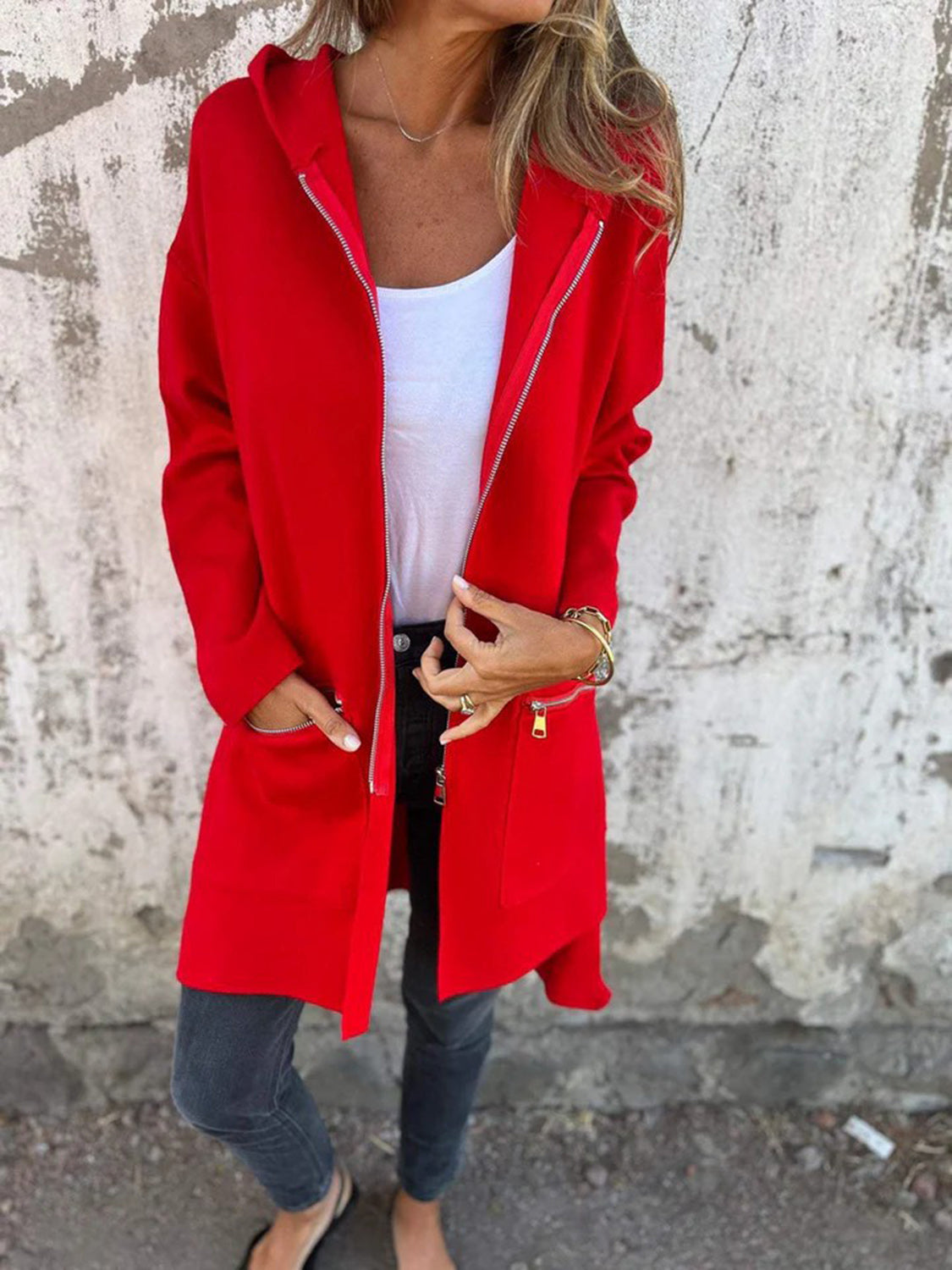 Full Size Zip Up Drop Shoulder Longline Hooded Jacket-TOPS / DRESSES-[Adult]-[Female]-Red-S-2022 Online Blue Zone Planet