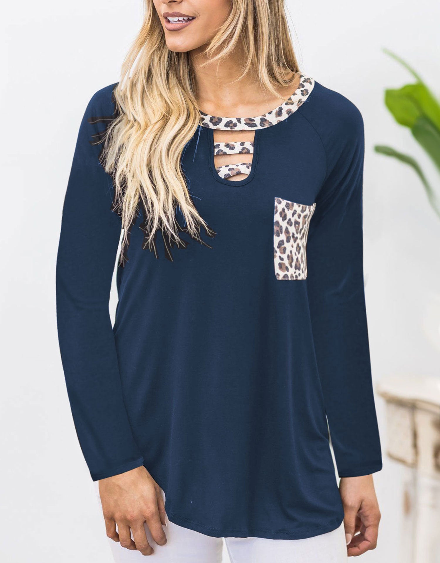 Cutout Leopard Round Neck Long Sleeve T-Shirt-TOPS / DRESSES-[Adult]-[Female]-2022 Online Blue Zone Planet