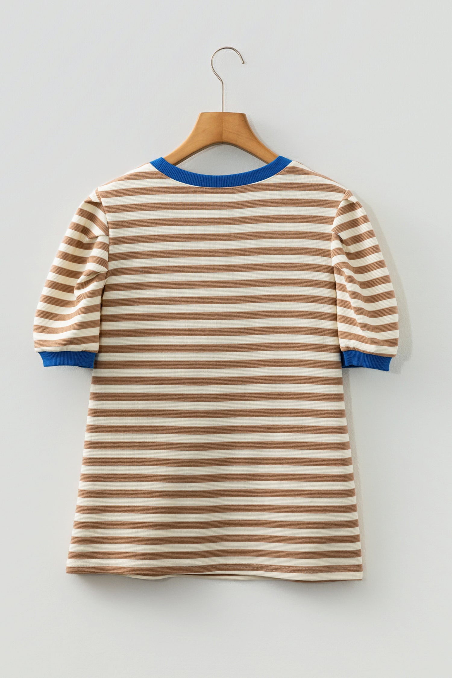 Brown Stripe Short Puff Sleeve Contrast Trim Round Neck Tee-Tops/Tops & Tees-[Adult]-[Female]-2022 Online Blue Zone Planet