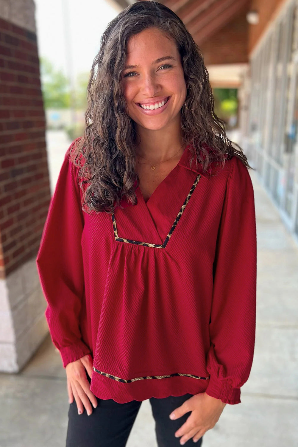 Fiery Red Collar V Neck Leopard Contrasted Trim Textured Blouse-Tops/Blouses & Shirts-[Adult]-[Female]-2022 Online Blue Zone Planet