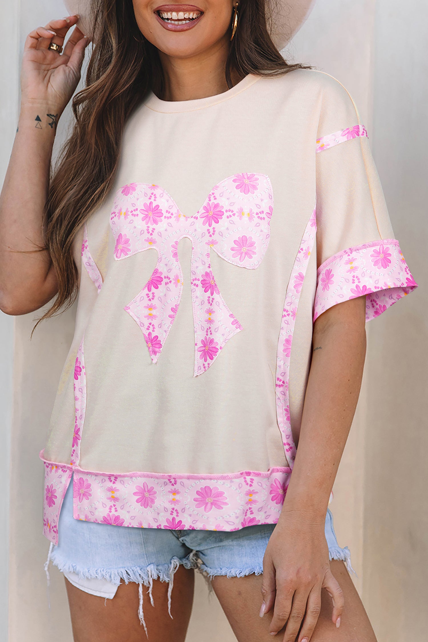 Apricot Daisy Floral Bow Contrast Patchwork Loose T Shirt-Tops/Tops & Tees-[Adult]-[Female]-2022 Online Blue Zone Planet