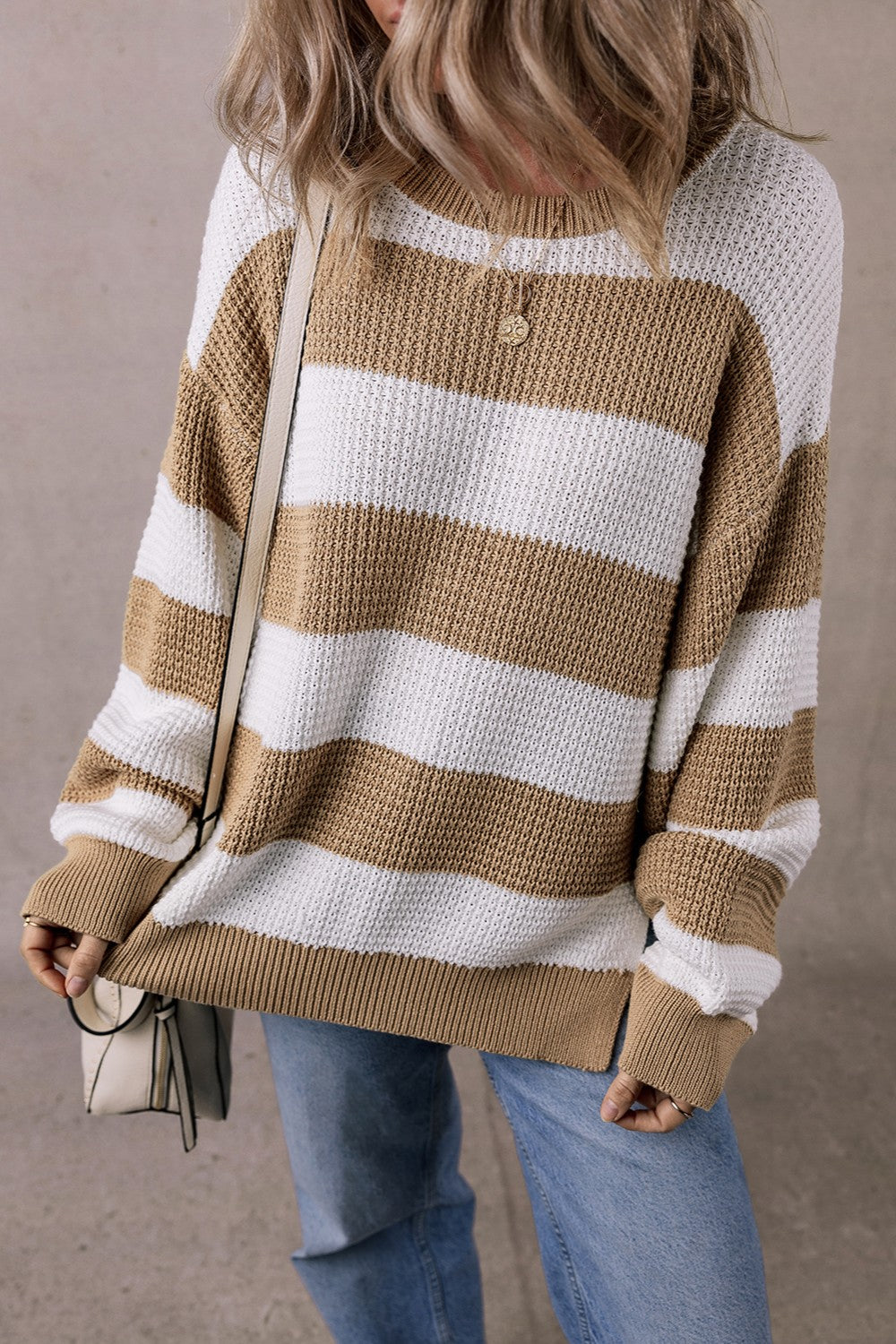 Color Block Round Neck Sweater-TOPS / DRESSES-[Adult]-[Female]-Camel-S-2022 Online Blue Zone Planet