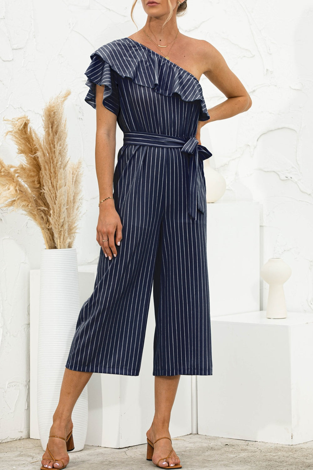 Ruffled Single Shoulder Tie Waist Jumpsuit-TOPS / DRESSES-[Adult]-[Female]-Dark Blue-S-2022 Online Blue Zone Planet