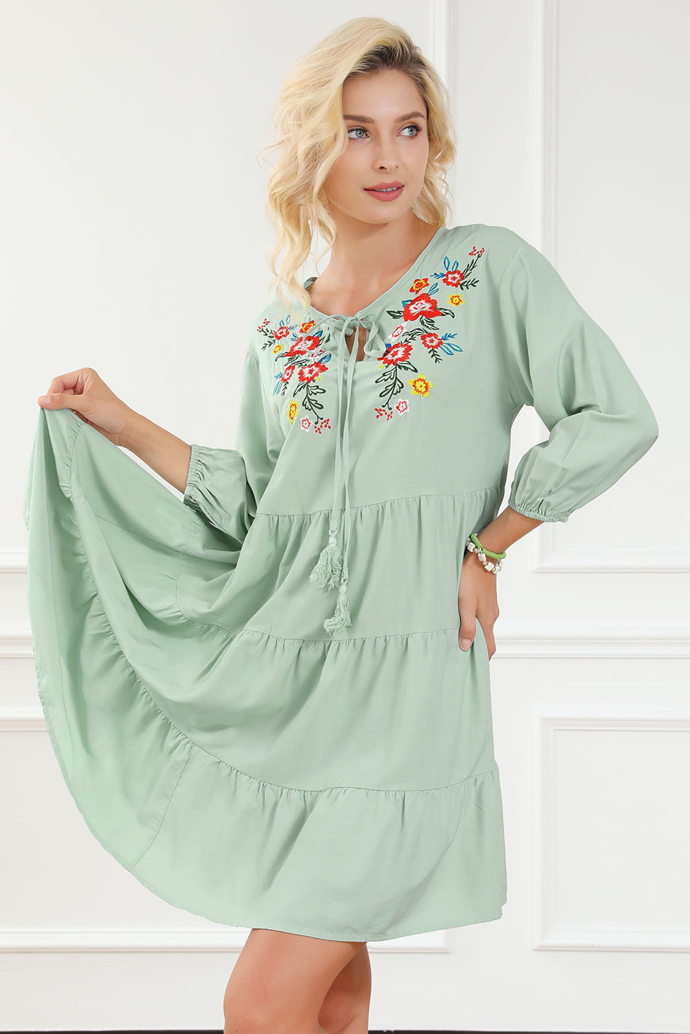 Blue Zone Planet | Green Floral Embroidery Tiered Ruffle Hem Dress-TOPS / DRESSES-[Adult]-[Female]-2022 Online Blue Zone Planet