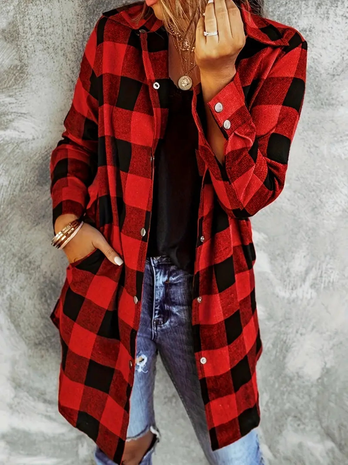 Plaid Collared Neck Snap Down Long Sleeve Jacket-TOPS / DRESSES-[Adult]-[Female]-2022 Online Blue Zone Planet