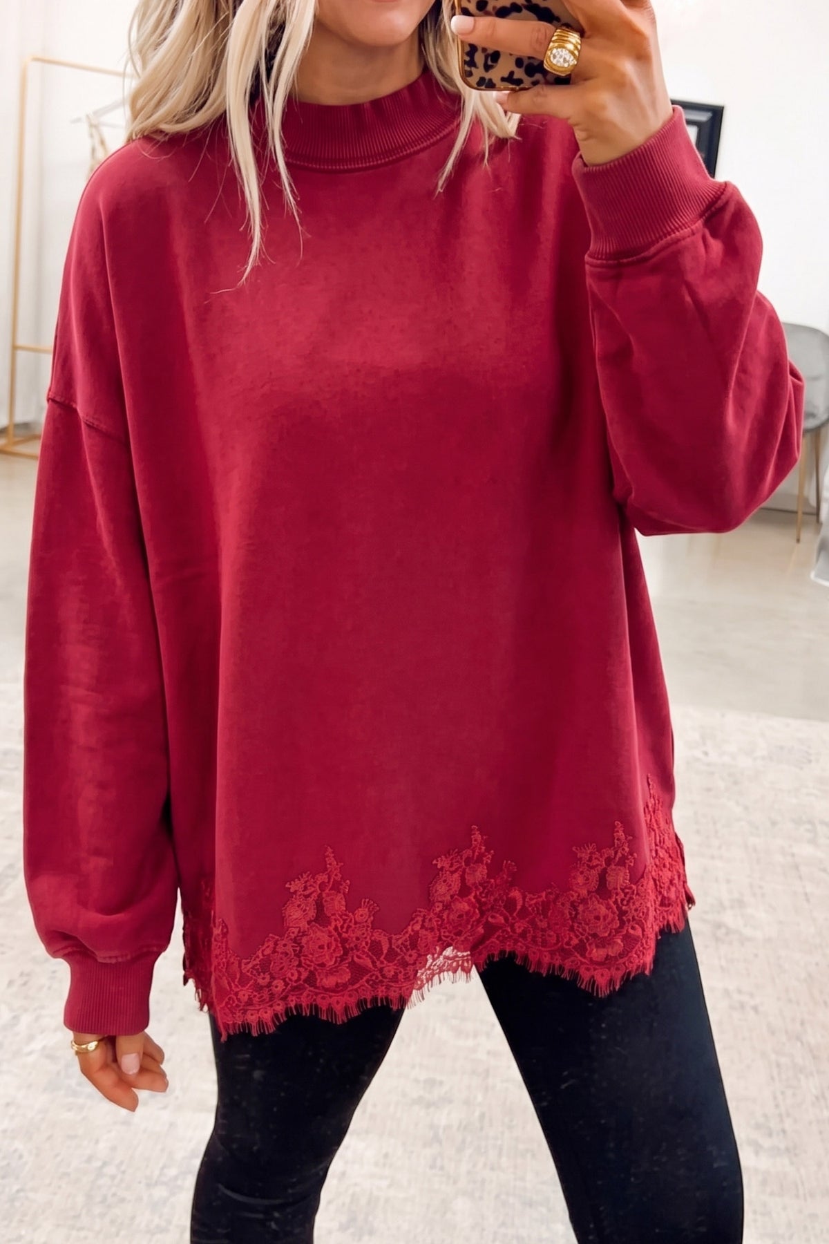 Fushia Solid Color Lace Splicing Hem Mock Neck Pullover Sweatshirt-Tops/Sweatshirts & Hoodies-[Adult]-[Female]-Racing Red-S-2022 Online Blue Zone Planet