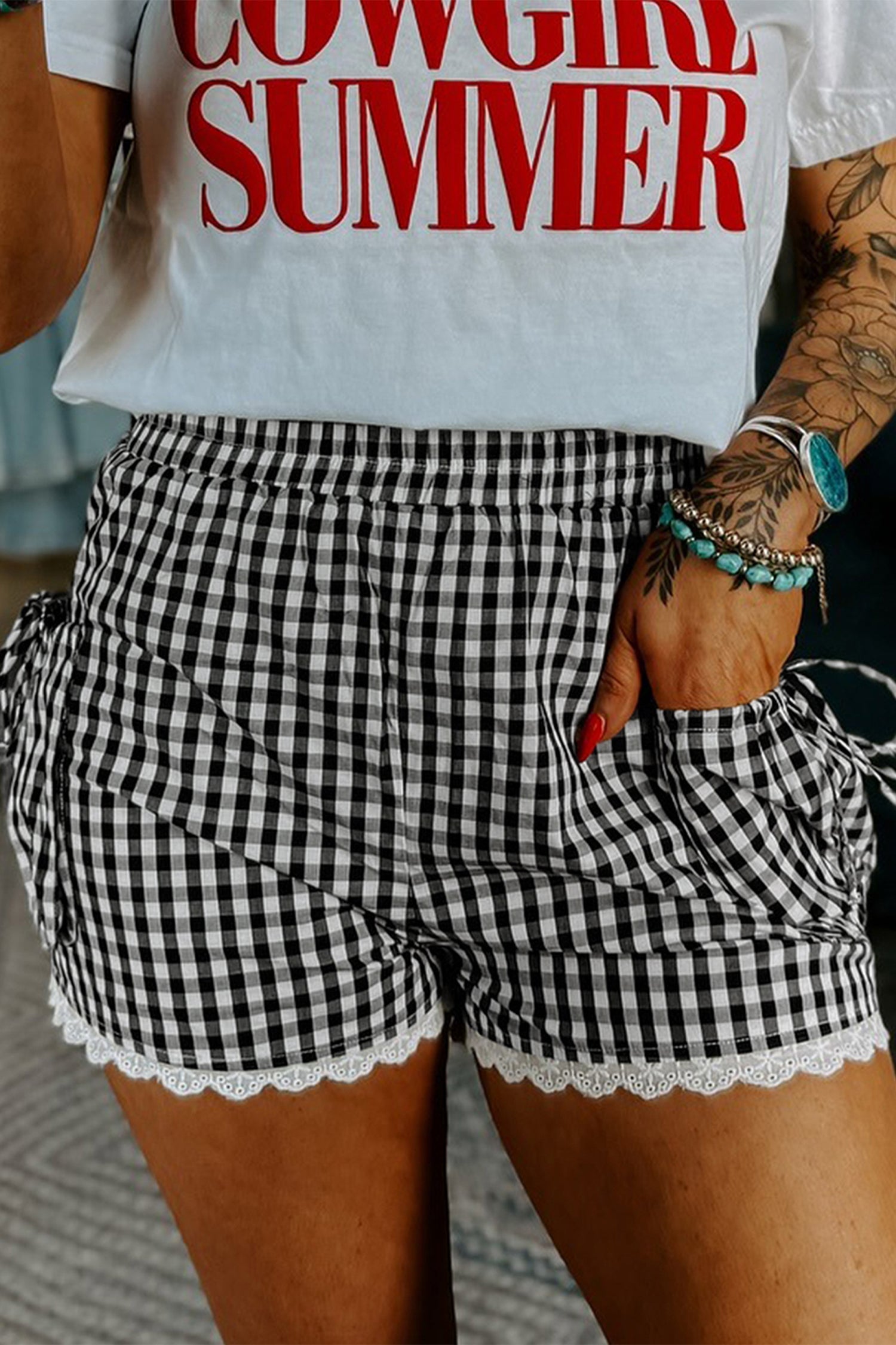 Black Gingham Lace Trim Shorts with Pouch Pockets-Bottoms/Casual Shorts-[Adult]-[Female]-Black-S-2022 Online Blue Zone Planet
