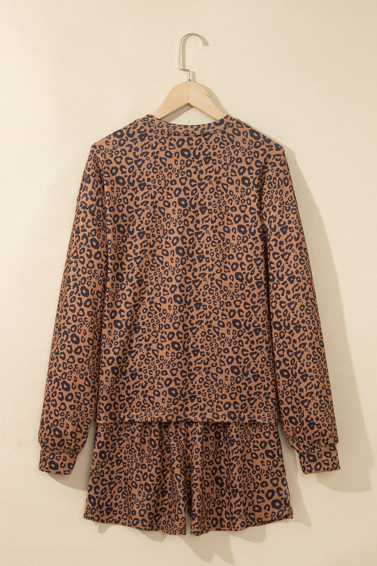 Brown Leopard Print Long Sleeve Henley Top Elastic Waist Shorts 2pcs Outfit-Two Piece Sets/Short Sets-[Adult]-[Female]-2022 Online Blue Zone Planet