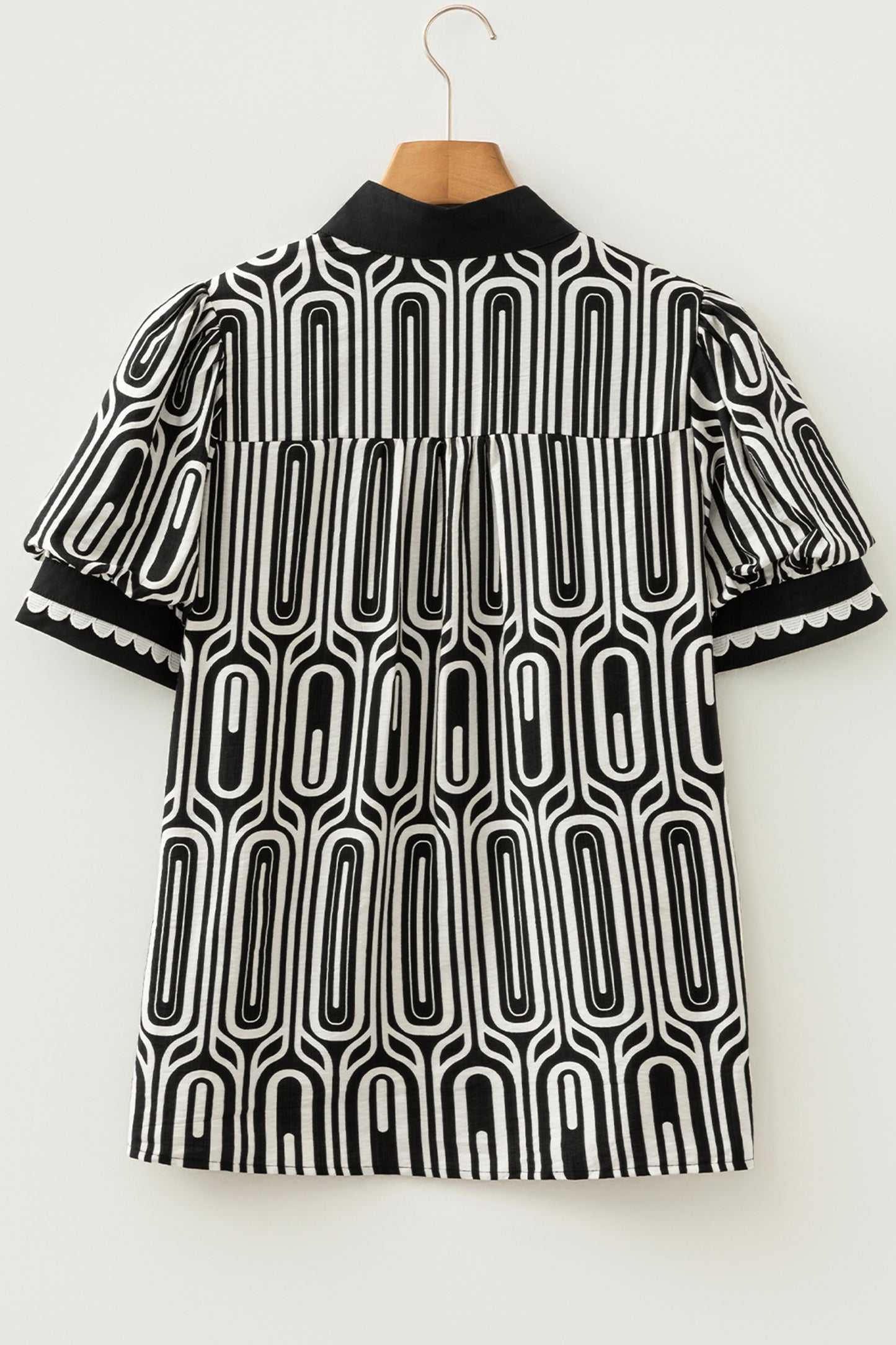 Black Geometric Print Contrast Scallop Color Block Patchwork Short Sleeve Blouse-Tops/Blouses & Shirts-[Adult]-[Female]-2022 Online Blue Zone Planet