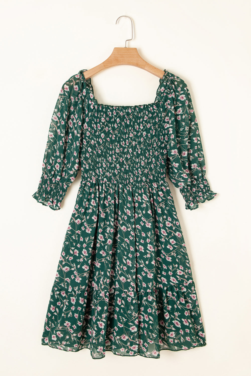 Green Smocked Square Neck Puff Short Sleeve Floral Dress-TOPS / DRESSES-[Adult]-[Female]-2022 Online Blue Zone Planet