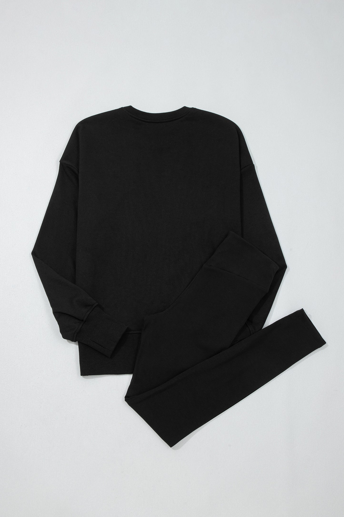 Black Solid Color Oversize Slit Sweatshirt Ribbed Leggings 2pcs Set-Two Piece Sets/Pant Sets-[Adult]-[Female]-2022 Online Blue Zone Planet
