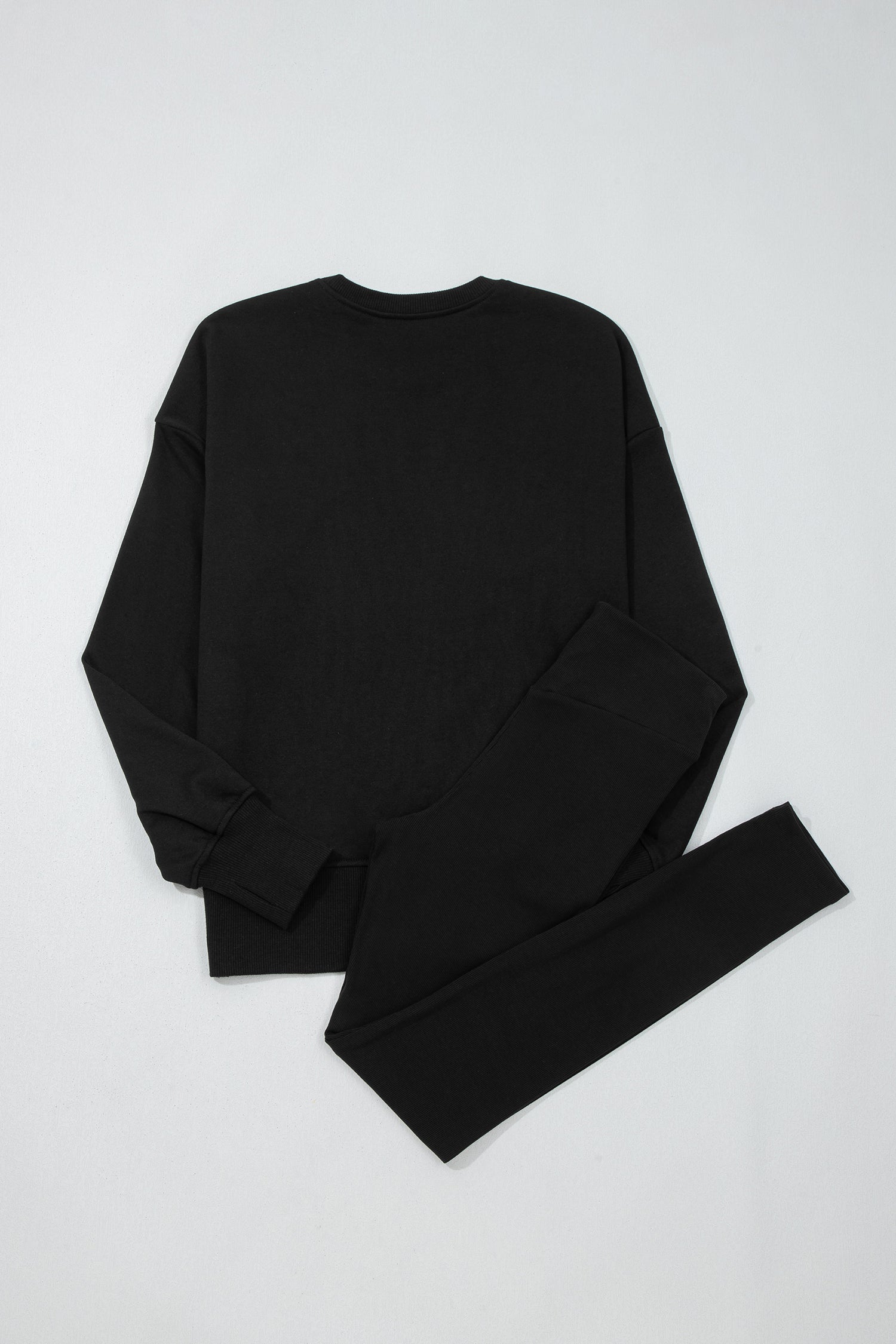 Black Solid Color Oversize Slit Sweatshirt Ribbed Leggings 2pcs Set-Two Piece Sets/Pant Sets-[Adult]-[Female]-2022 Online Blue Zone Planet