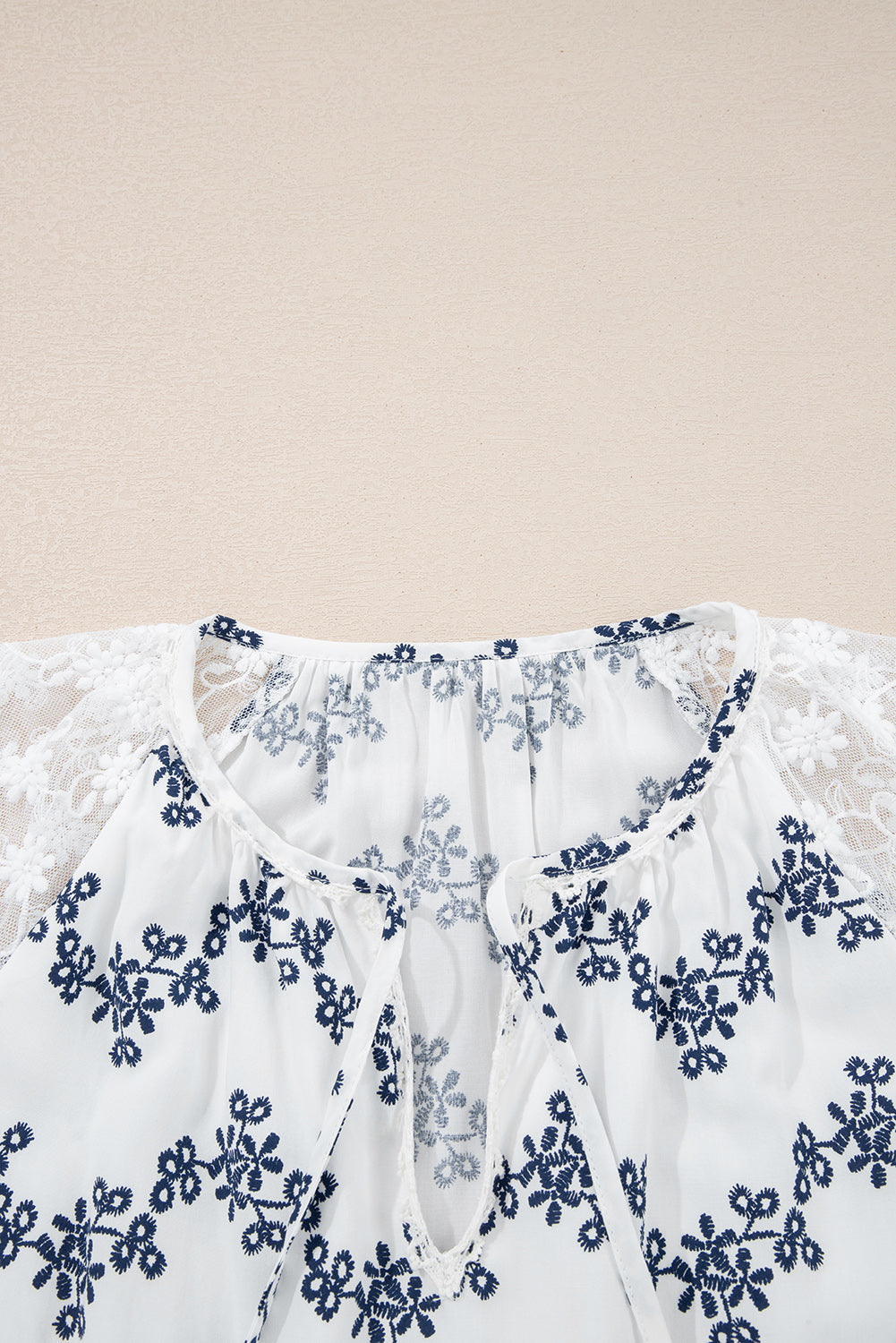 Blue Lace Patchwork Floral Bubble Sleeve V Split Neck Blouse-Tops/Blouses & Shirts-[Adult]-[Female]-2022 Online Blue Zone Planet