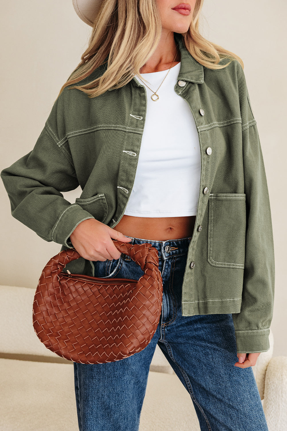 Smoke Green Patched Pocket Collared Button Front Boyfriend Denim Jacket-Outerwear/Denim jackets-[Adult]-[Female]-2022 Online Blue Zone Planet