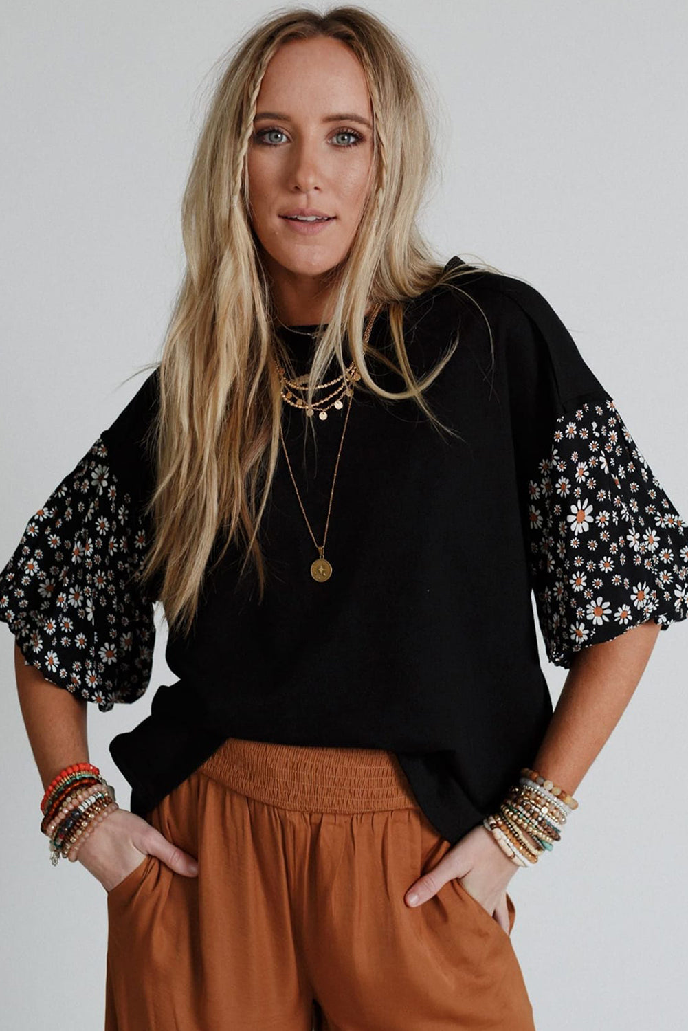 Black Contrast Floral Puff Sleeve Oversized Top-Tops/Tops & Tees-[Adult]-[Female]-2022 Online Blue Zone Planet
