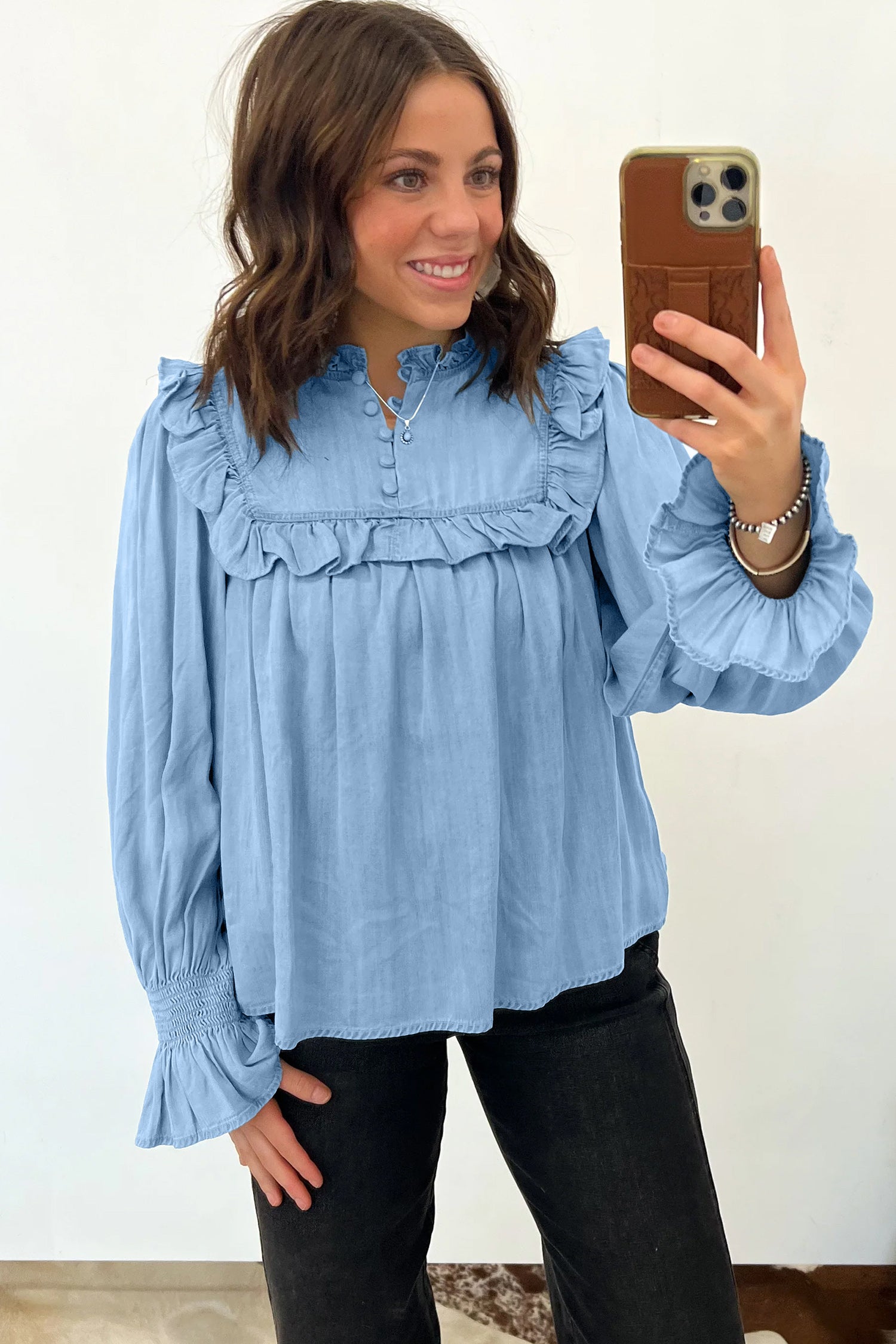 Beau Blue Western Ruffle V Neck Long Sleeve Chambray Blouse-Tops/Blouses & Shirts-[Adult]-[Female]-2022 Online Blue Zone Planet