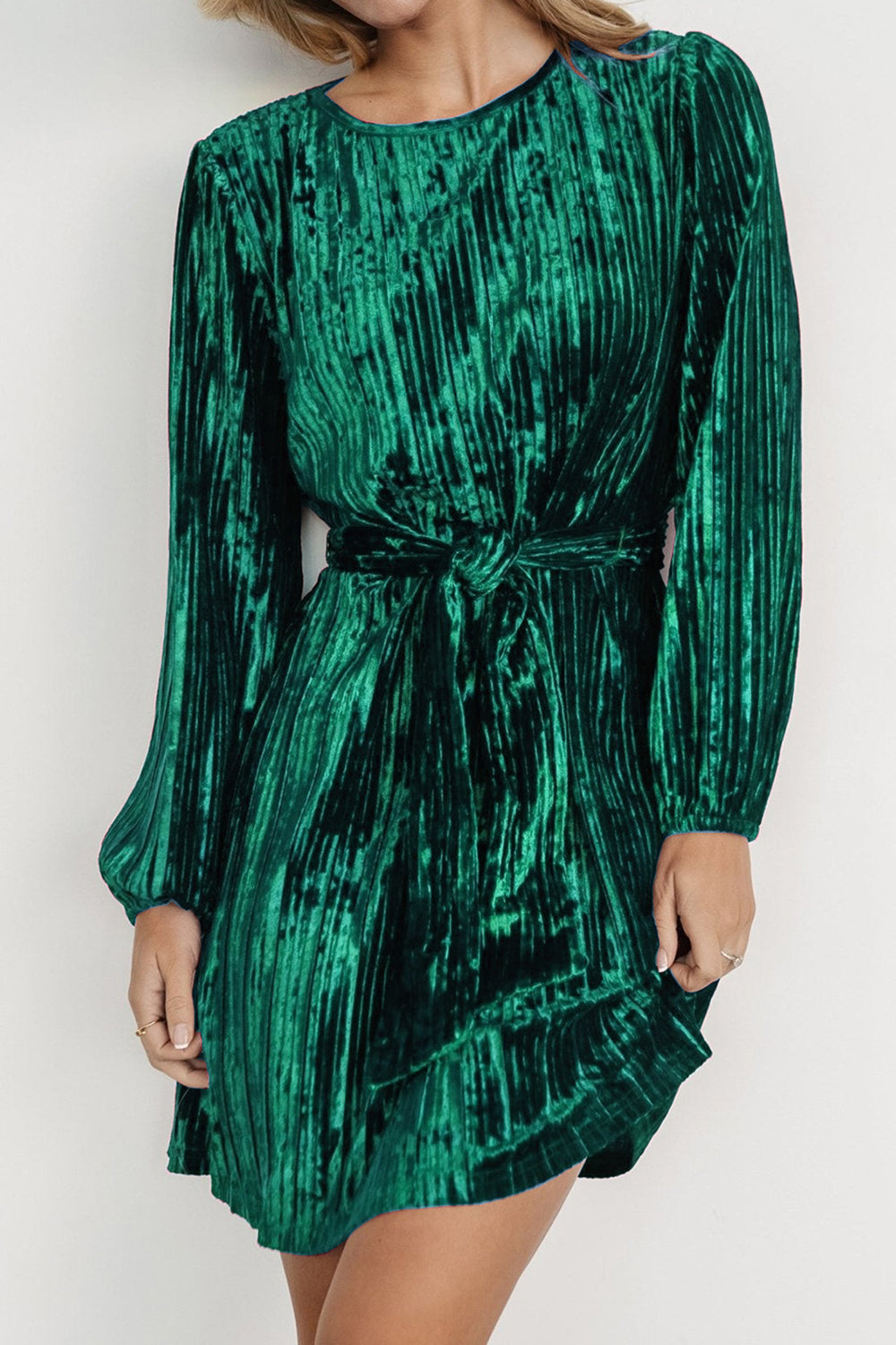 Velvet Round Neck Tie Waist Long Sleeve Mini Dress Blue Zone Planet Velvet Round Neck Tie Waist Long Sleeve Mini Dress Blue Zone Planet