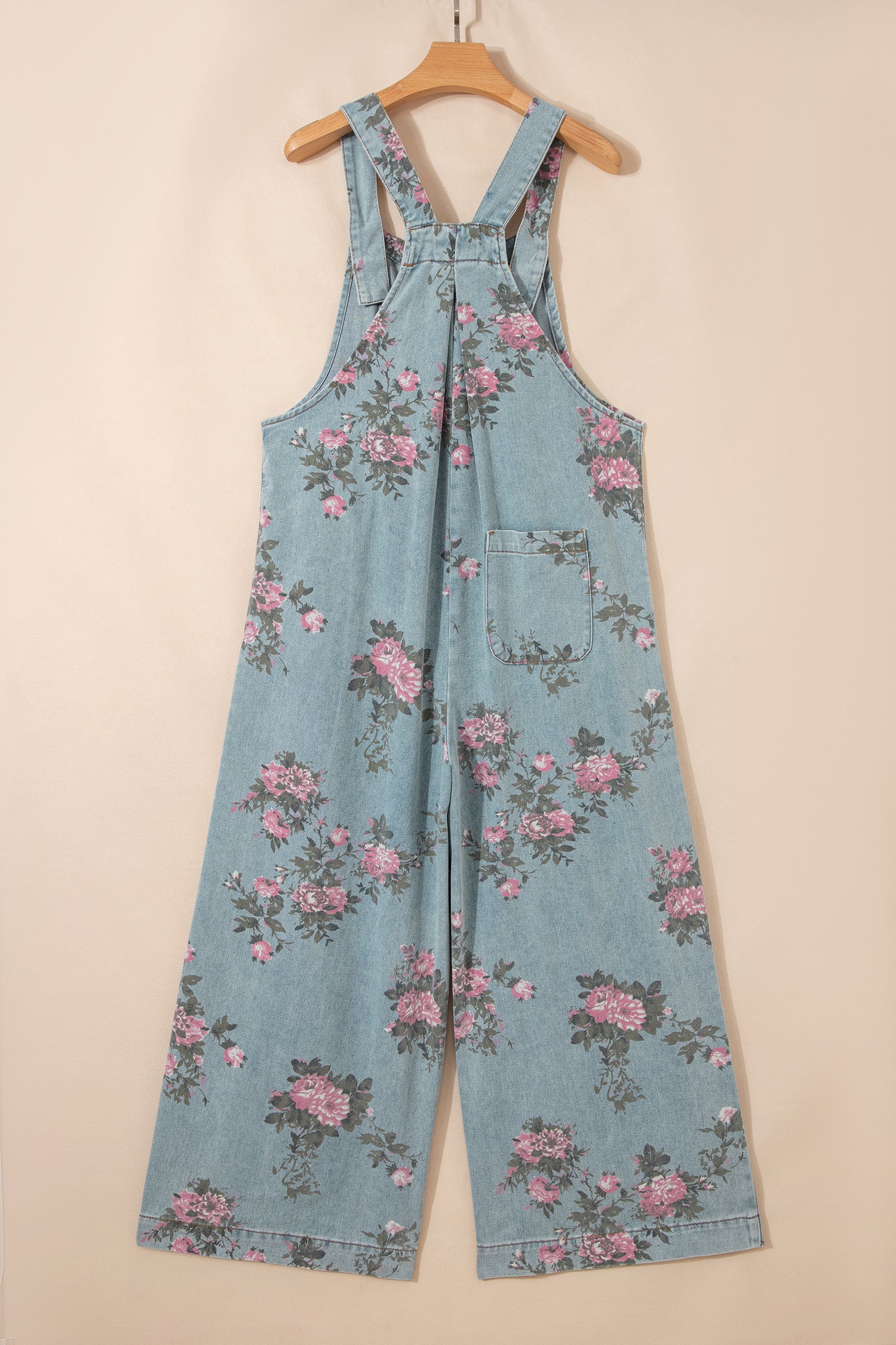 Beau Blue Floral Print Pleated High Waist Wide Leg Denim Jumpsuit-Jumpsuits & Rompers-[Adult]-[Female]-2022 Online Blue Zone Planet