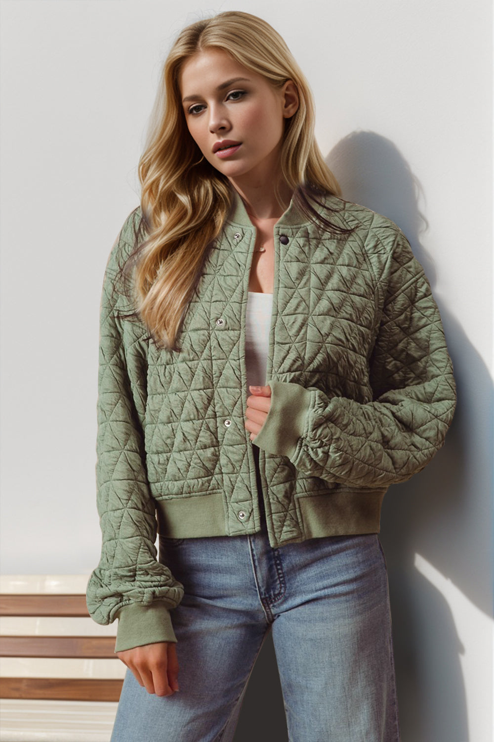 Double Take Quilted Snap Down Cropped Bomber Jacket-TOPS / DRESSES-[Adult]-[Female]-Light Green-S-2022 Online Blue Zone Planet