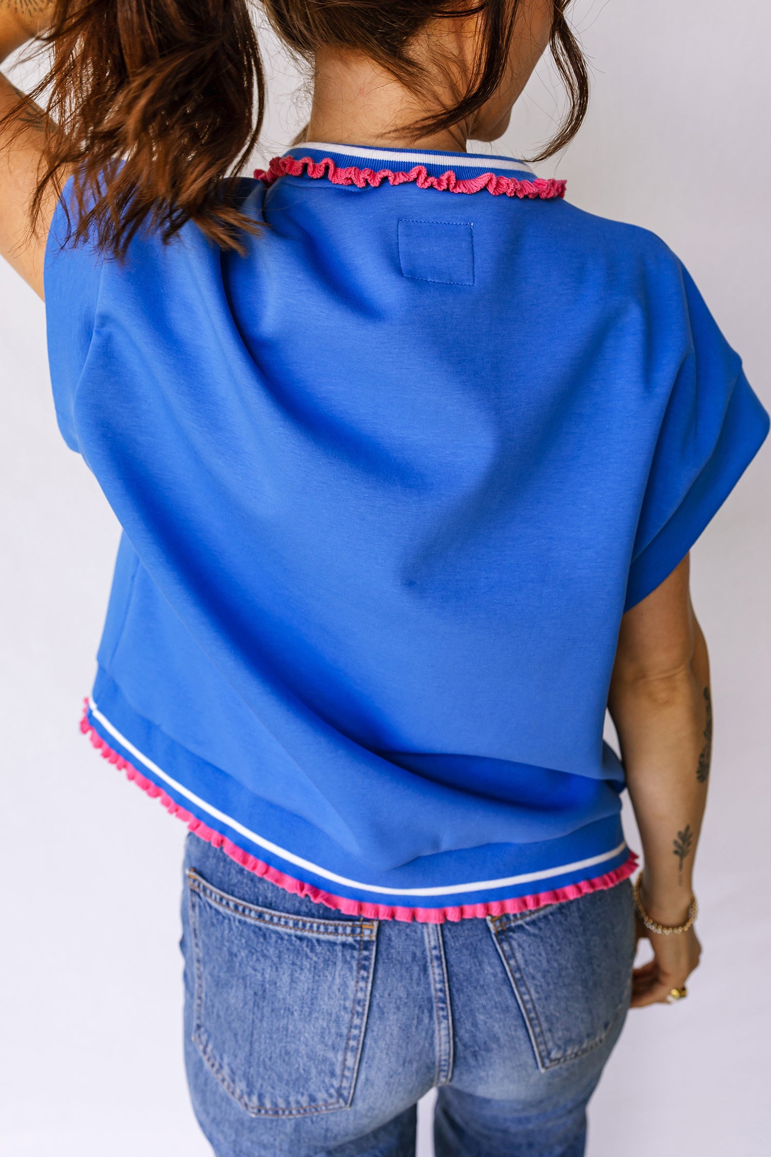 Sky Blue Contrast Frilled Trim Button Collared Short Sleeve Knit Top-Tops/Tops & Tees-[Adult]-[Female]-2022 Online Blue Zone Planet