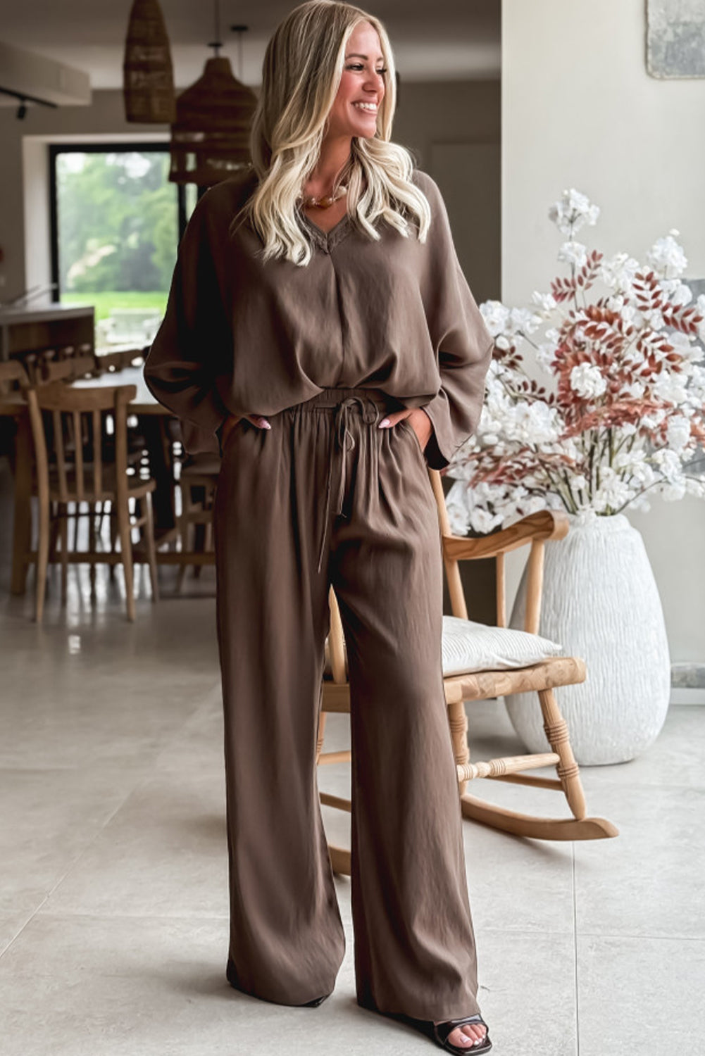 Dark Brown Braided V Neck Long Sleeve Loose Top and Drawstring High Waist Pants 2pcs Outfit-Two Piece Sets/Pant Sets-[Adult]-[Female]-2022 Online Blue Zone Planet