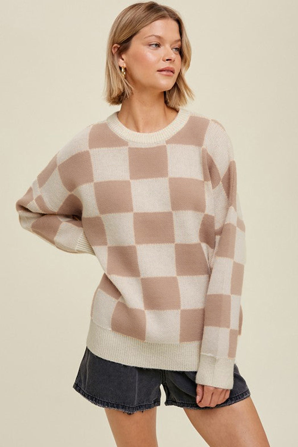 Parchment Checkered Pattern Ribbed Trim Knit Baggy Sweater-TOPS / DRESSES-[Adult]-[Female]-2022 Online Blue Zone Planet