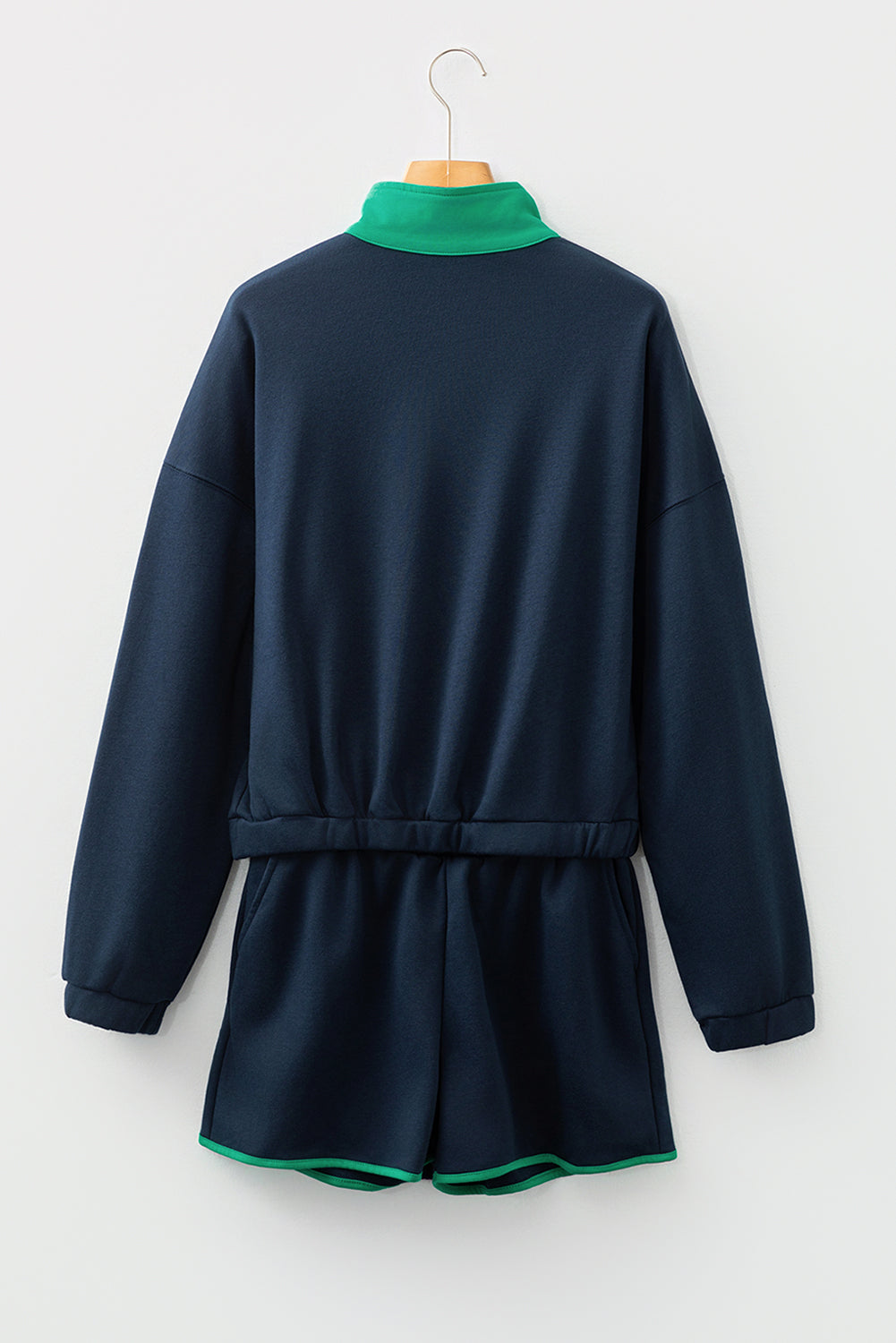 Navy Blue Color Block Patchwork Half Button Pullover and Shorts 2pcs Outfit-Two Piece Sets/Short Sets-[Adult]-[Female]-2022 Online Blue Zone Planet