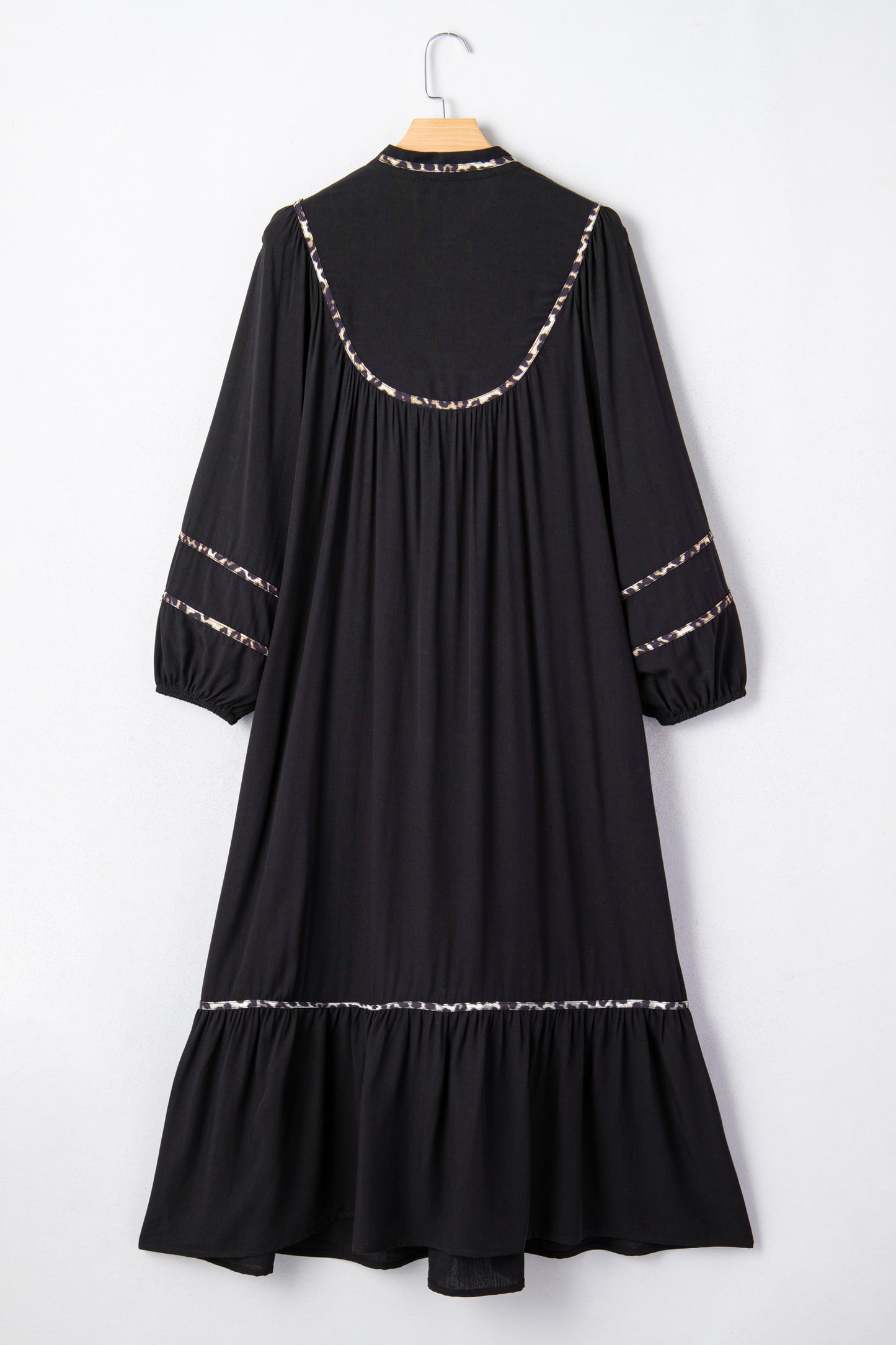 Black Contrast Leopard Trim Split Neck Long Sleeve Casual Midi Dress-TOPS / DRESSES-[Adult]-[Female]-2022 Online Blue Zone Planet