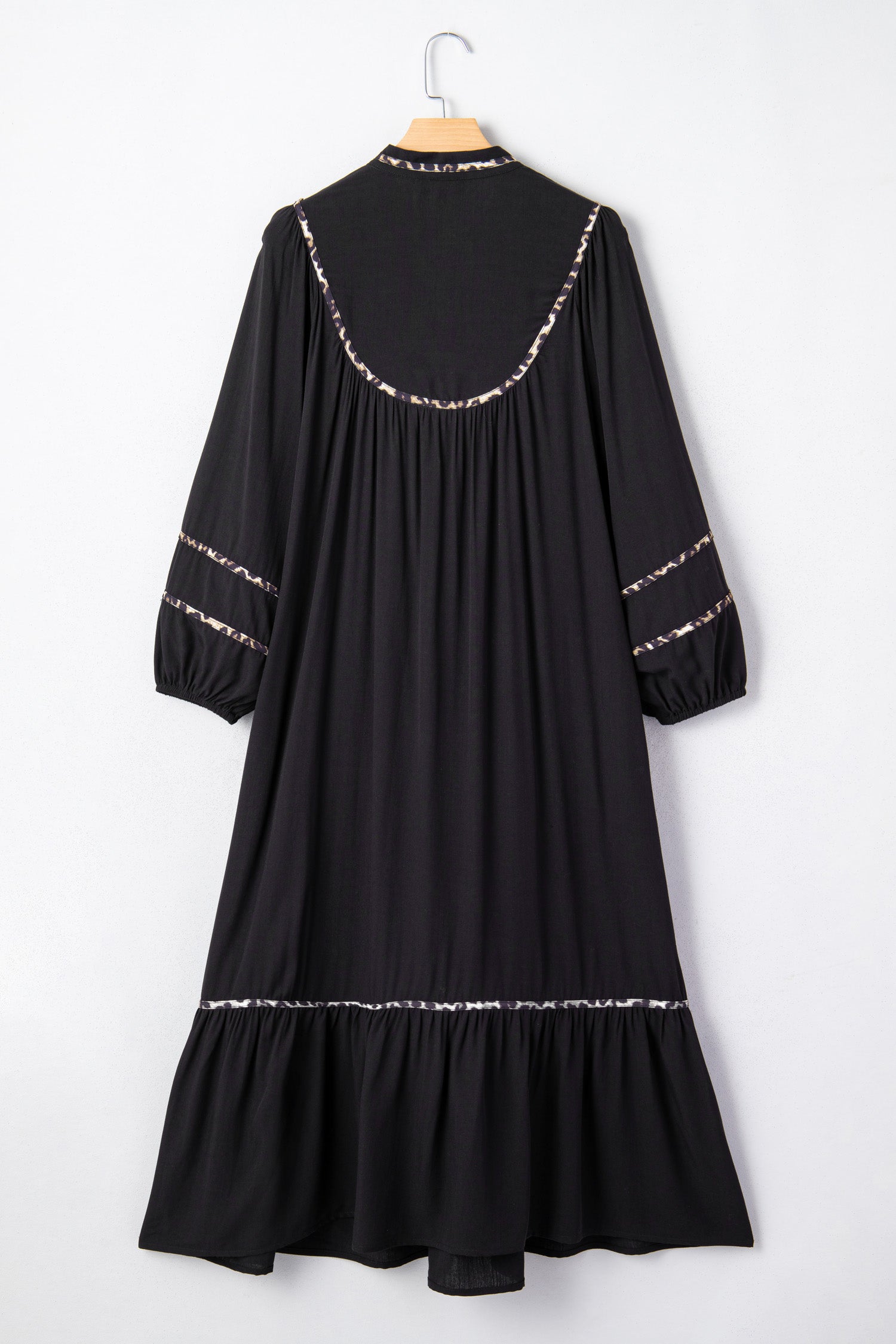 Black Contrast Leopard Trim Split Neck Long Sleeve Casual Midi Dress-TOPS / DRESSES-[Adult]-[Female]-2022 Online Blue Zone Planet