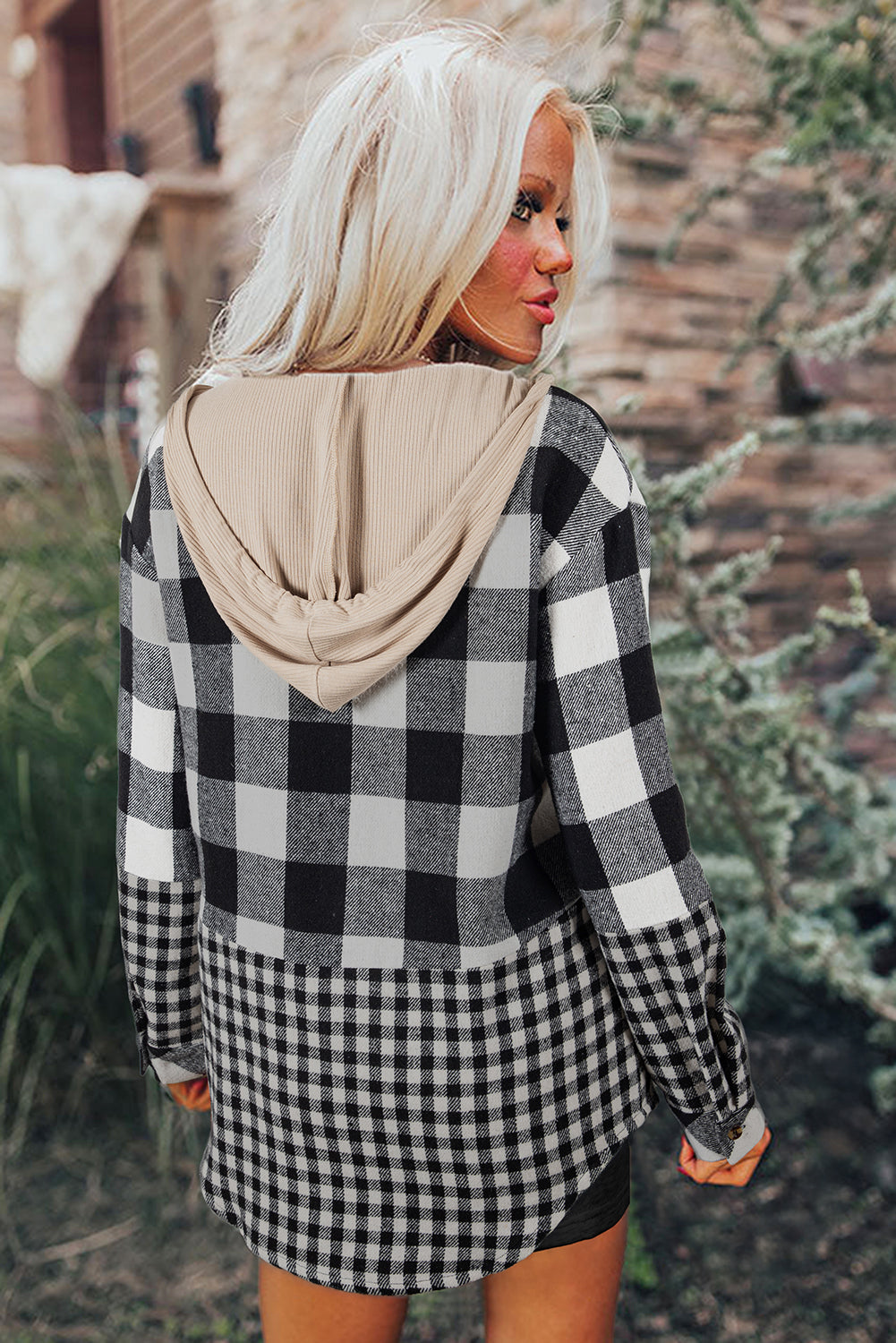Black Double Plaid Patchwork Drawstring Hooded Shacket-Tops / Dresses-[Adult]-[Female]-2022 Online Blue Zone Planet