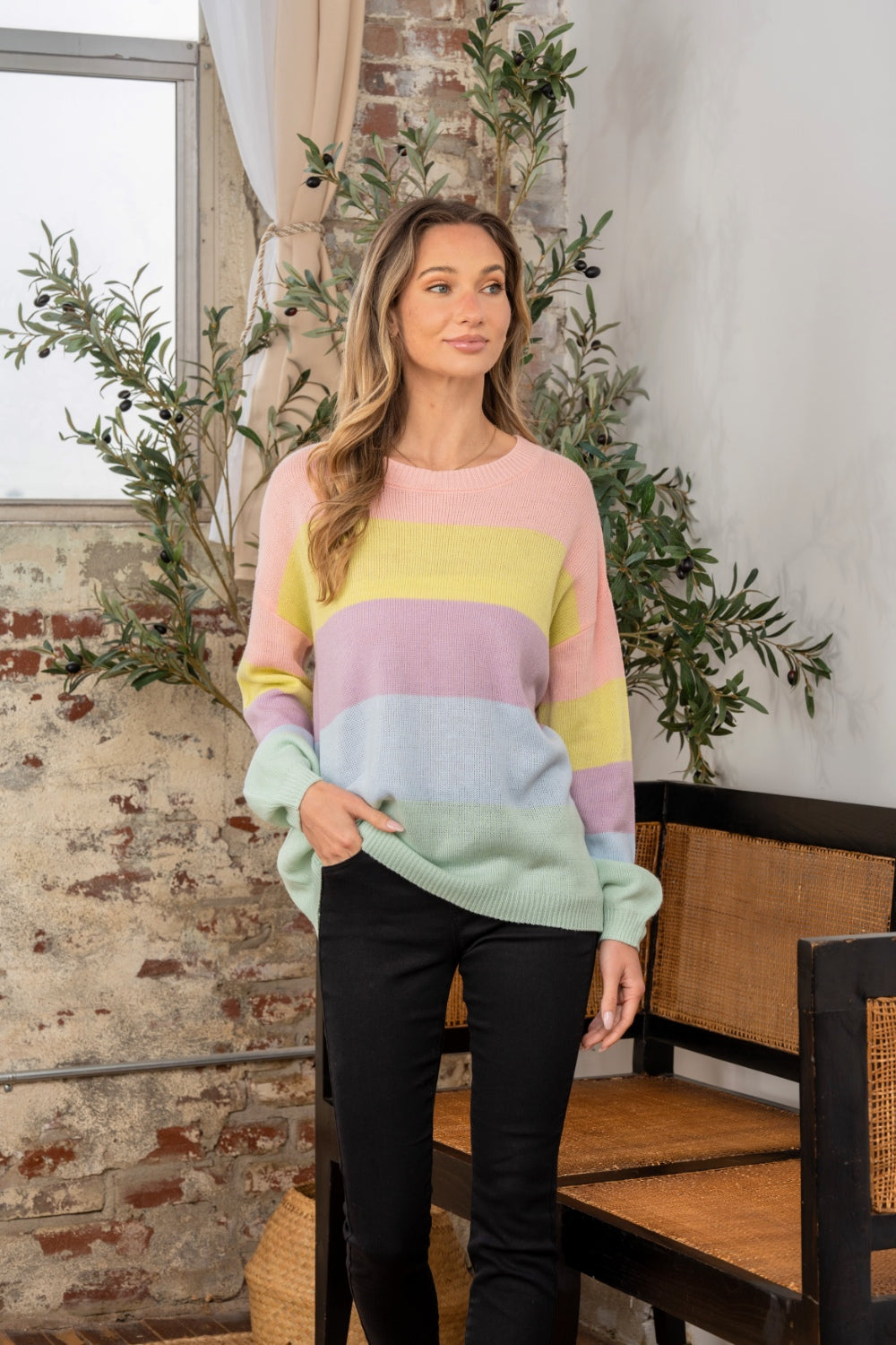 Sew In Love Full Size Color Block Round Neck Dropped Shoulder Sweater-TOPS / DRESSES-[Adult]-[Female]-2022 Online Blue Zone Planet