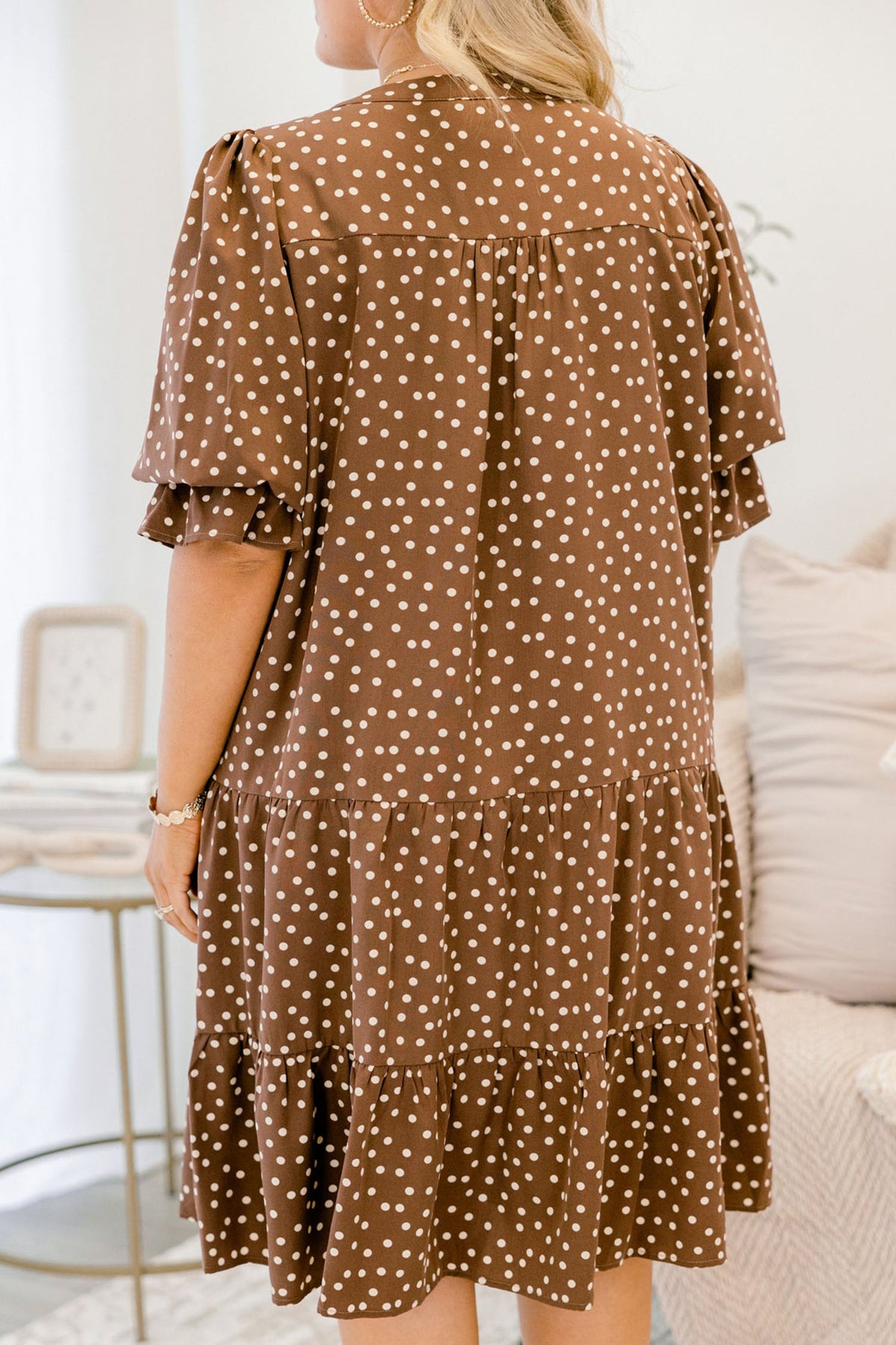 Brown V Neck Polka Dot Long Sleeve Shift Plus Size Dress-TOPS / DRESSES-[Adult]-[Female]-2022 Online Blue Zone Planet