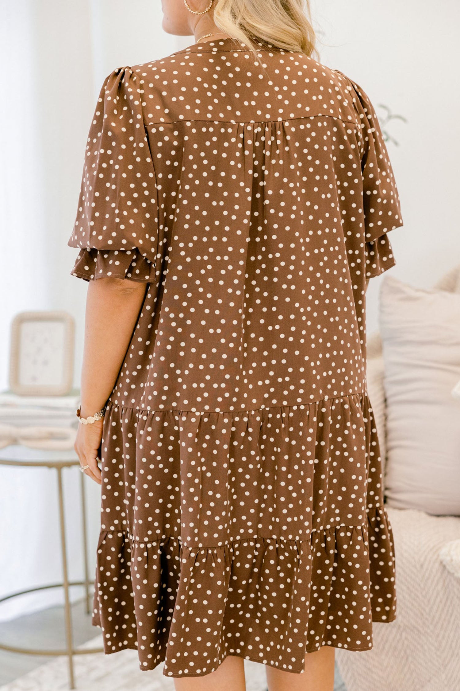 Brown V Neck Polka Dot Long Sleeve Shift Plus Size Dress-TOPS / DRESSES-[Adult]-[Female]-2022 Online Blue Zone Planet