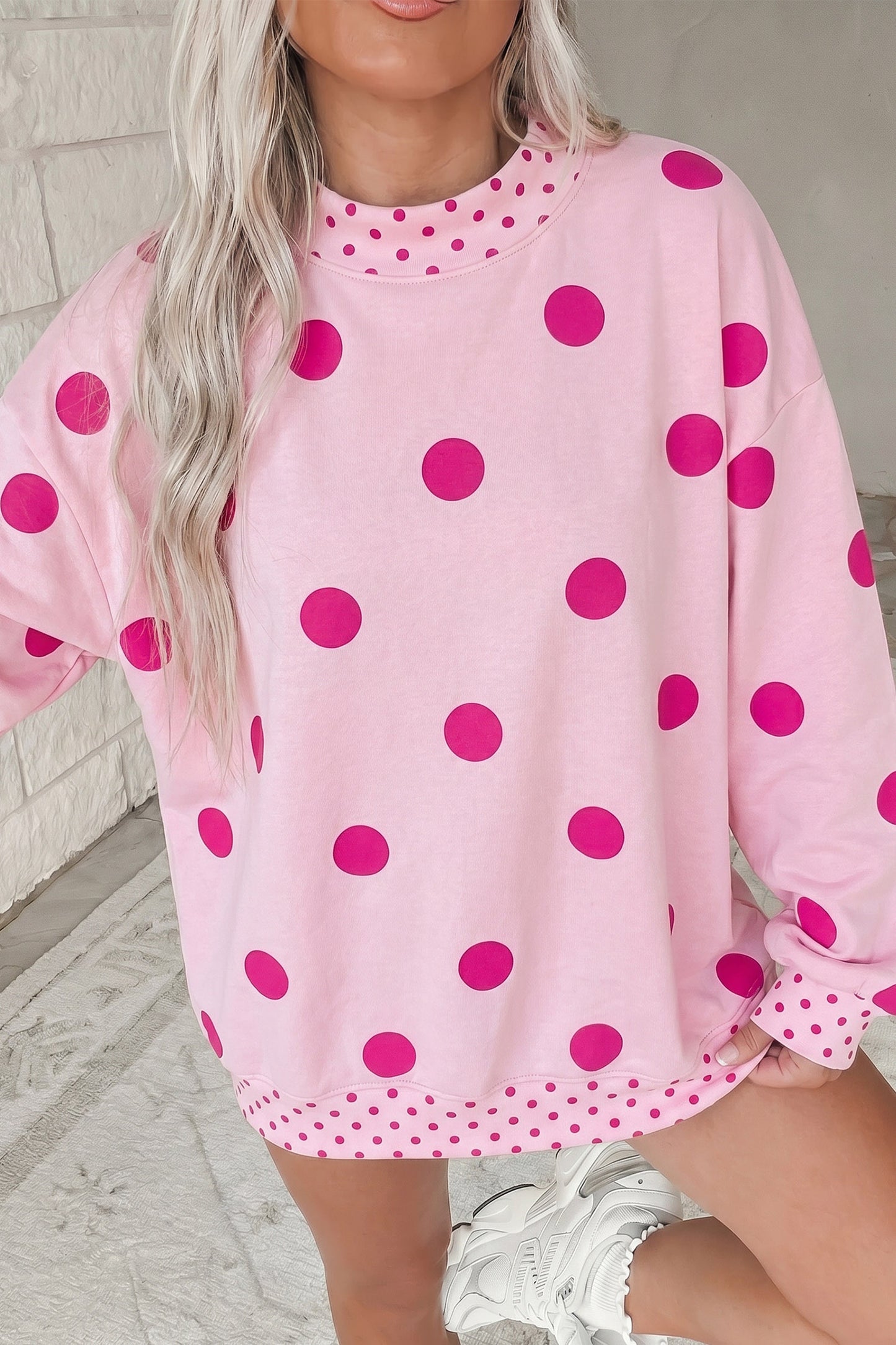 Pink Polka Dot Print Contrast Detail Oversized Tunic Sweatshirt-Tops/Sweatshirts & Hoodies-[Adult]-[Female]-Pink-S-2022 Online Blue Zone Planet