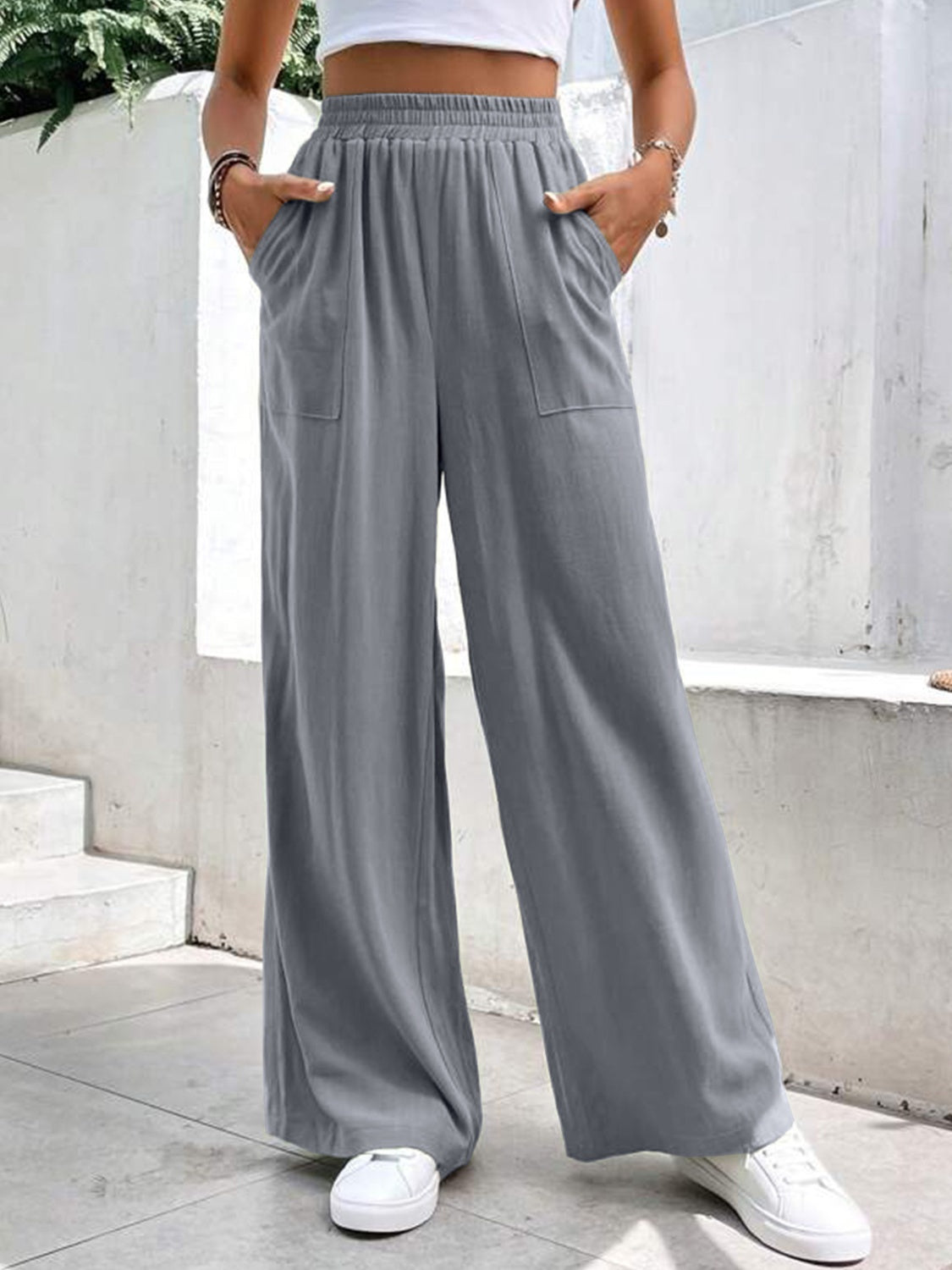 High Waist Wide Leg Pants with Pockets-[Adult]-[Female]-Gray-S-2022 Online Blue Zone Planet